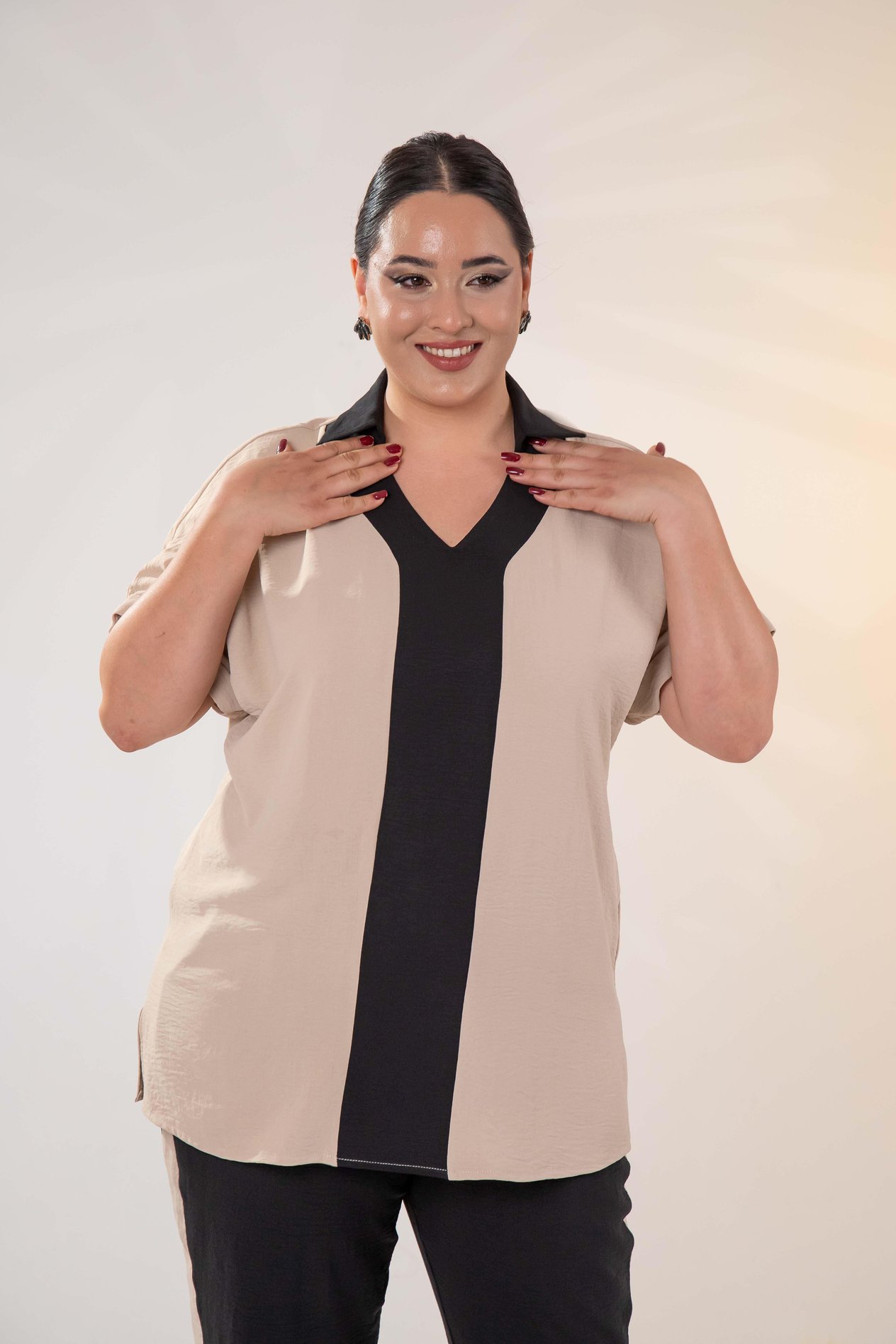 Büyük Beden 333914 Garnili Bluz  Bej