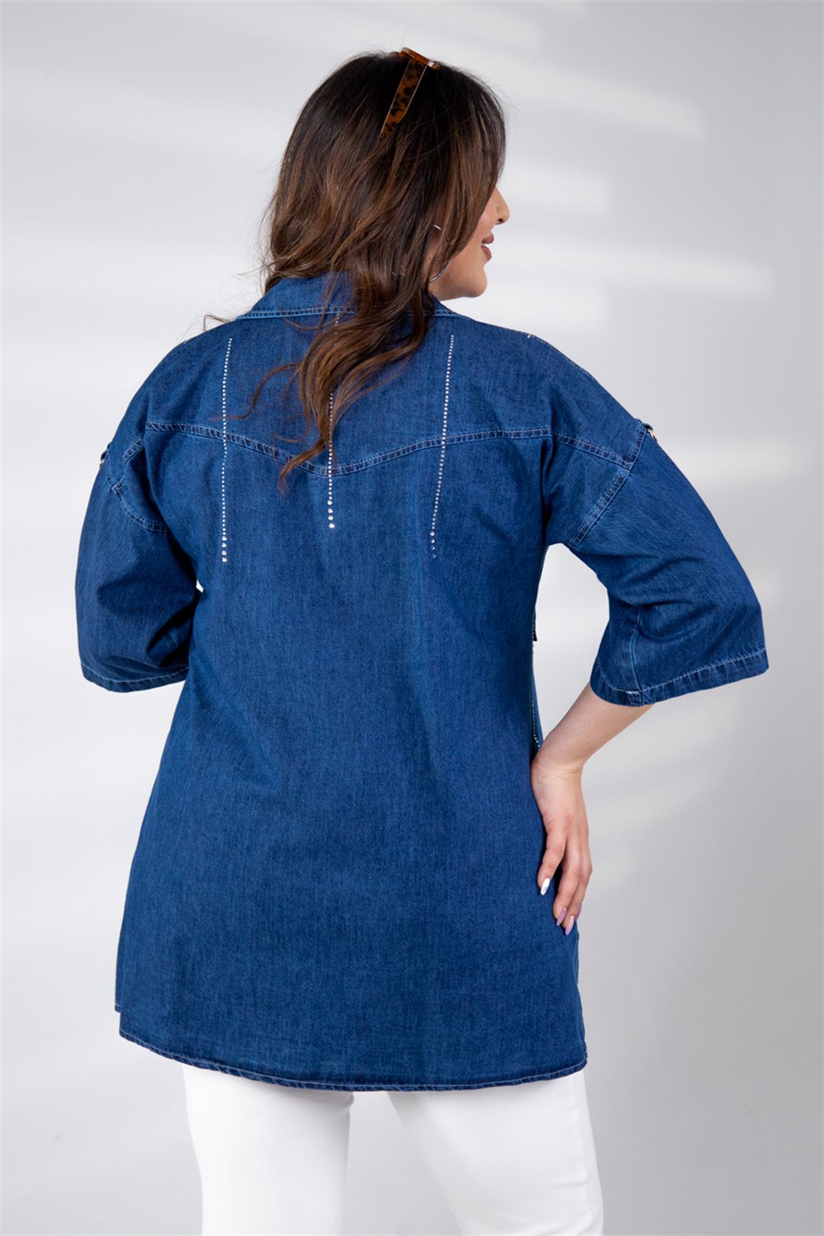 Büyük Beden 8007 Taş Detaylı Denim Ceket  Mavi