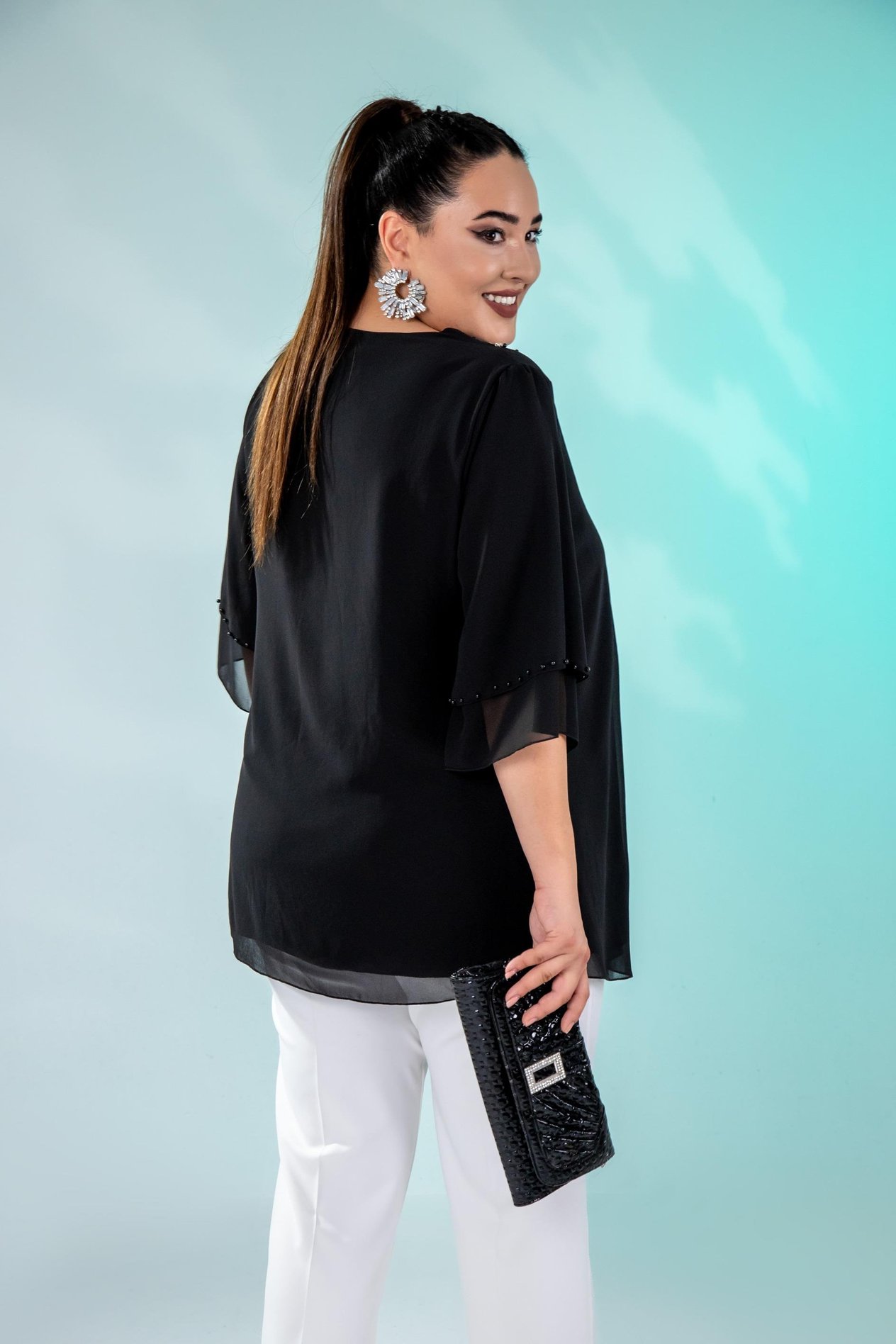 Büyük Beden 8044 Şifon Taşlıi Bluz  Siyah