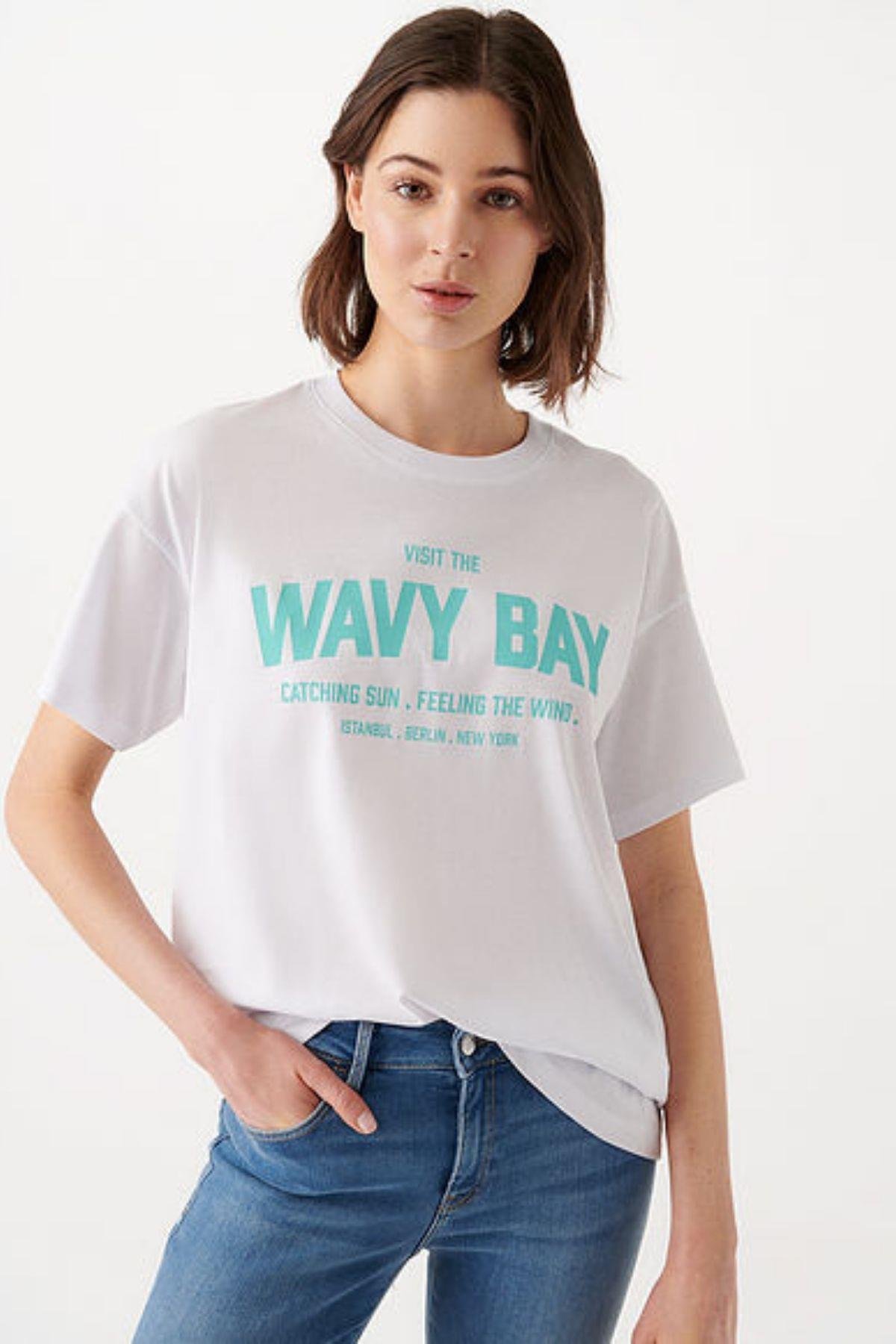 Mavi Wavy Bay Baskılı Kadın Tişört 1610385-62