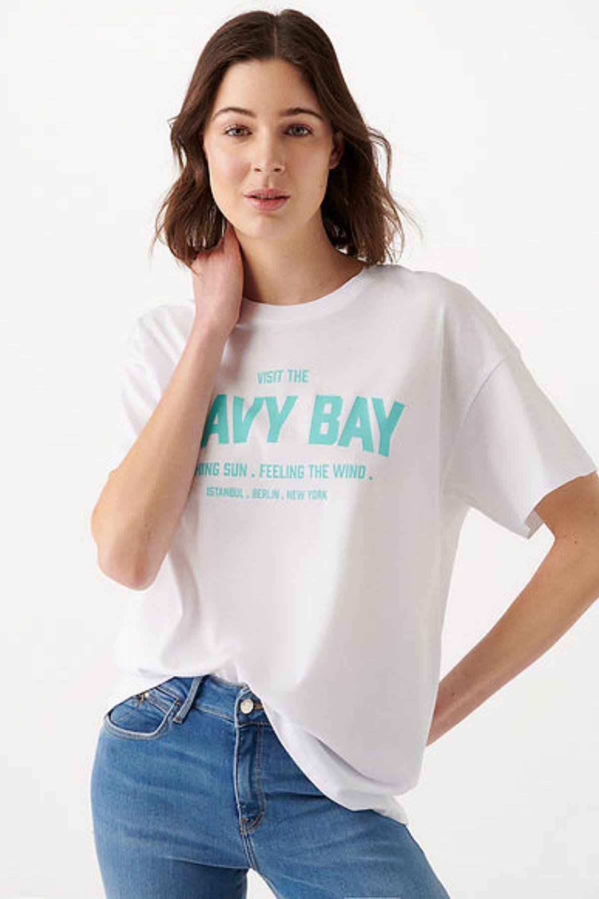 Mavi Wavy Bay Baskılı Kadın Tişört 1610385-62