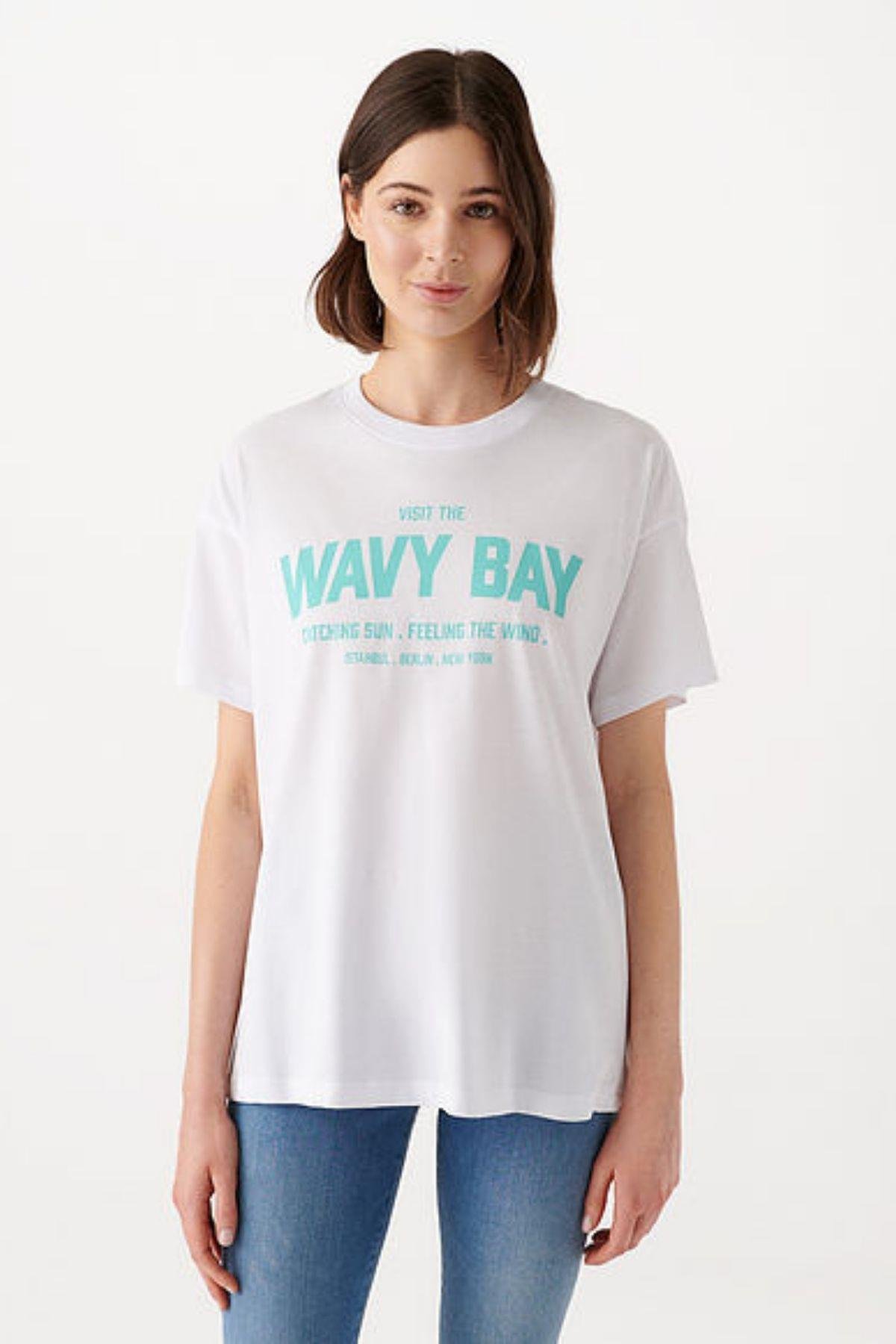 Mavi Wavy Bay Baskılı Kadın Tişört 1610385-62