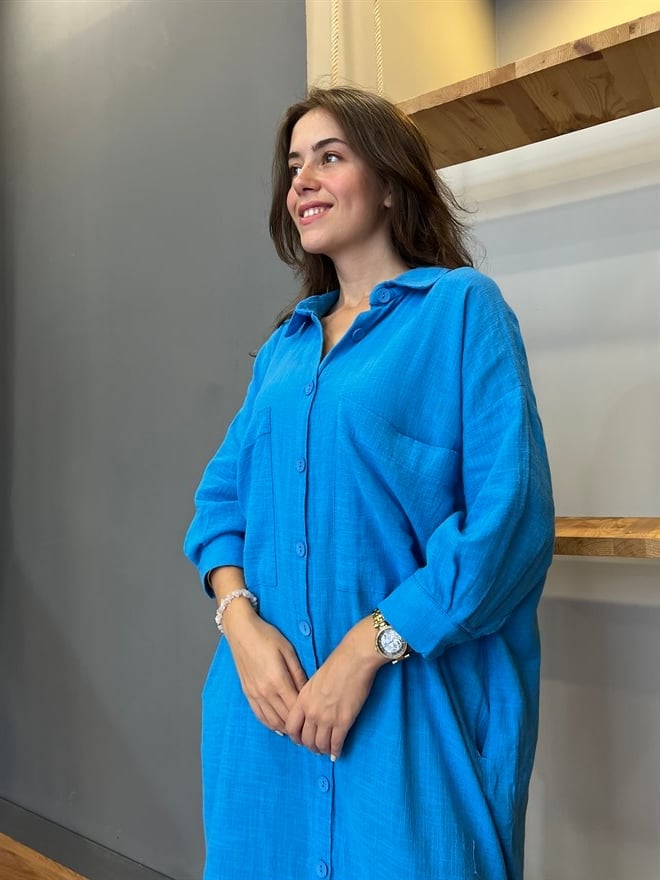 Ham Keten Uzun Gömlek Tunik-Elbise - Dominatrend