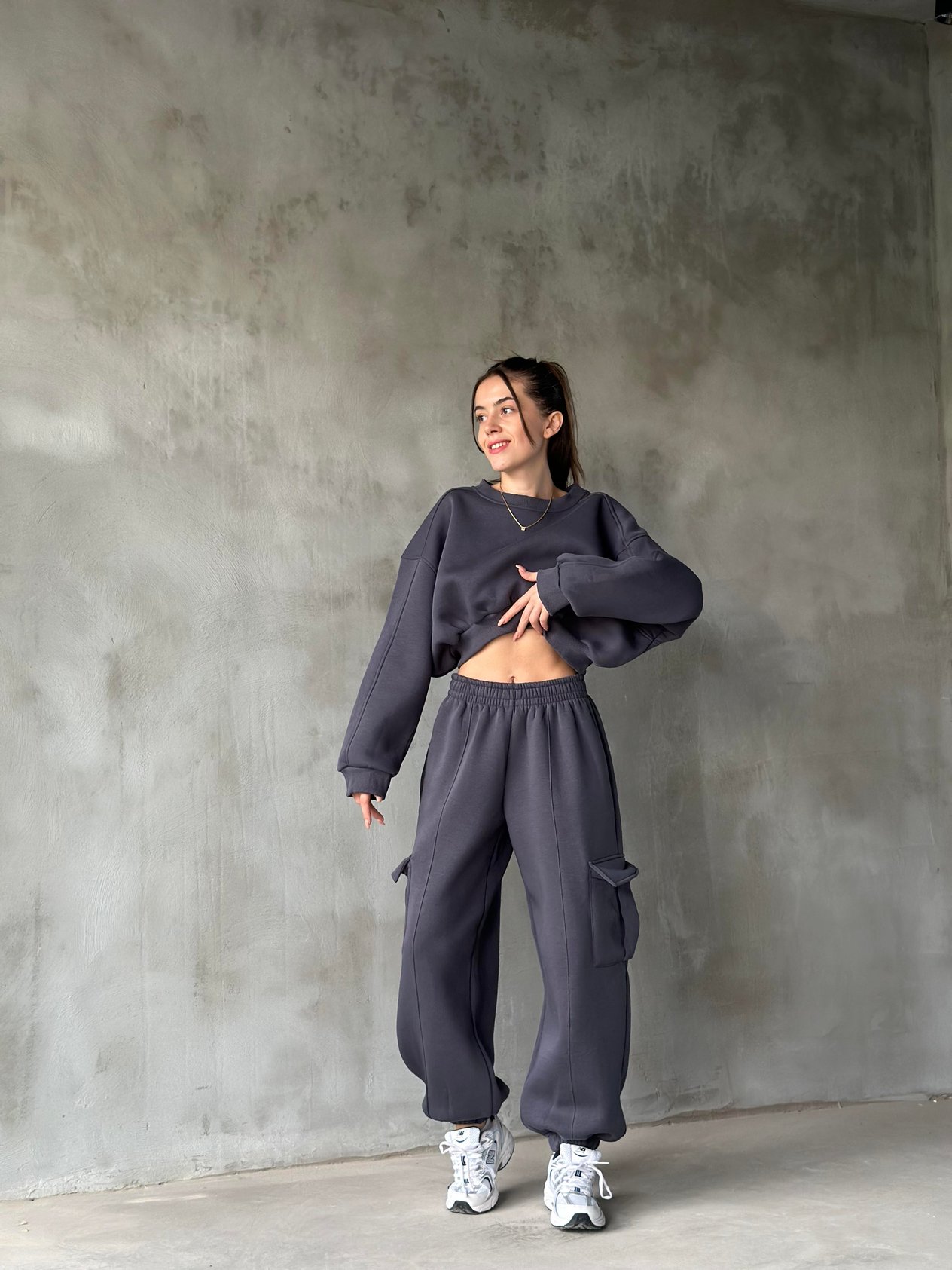 Kargo Cepli Crop Eşofman Takımı - Antrasit - Dominatrend