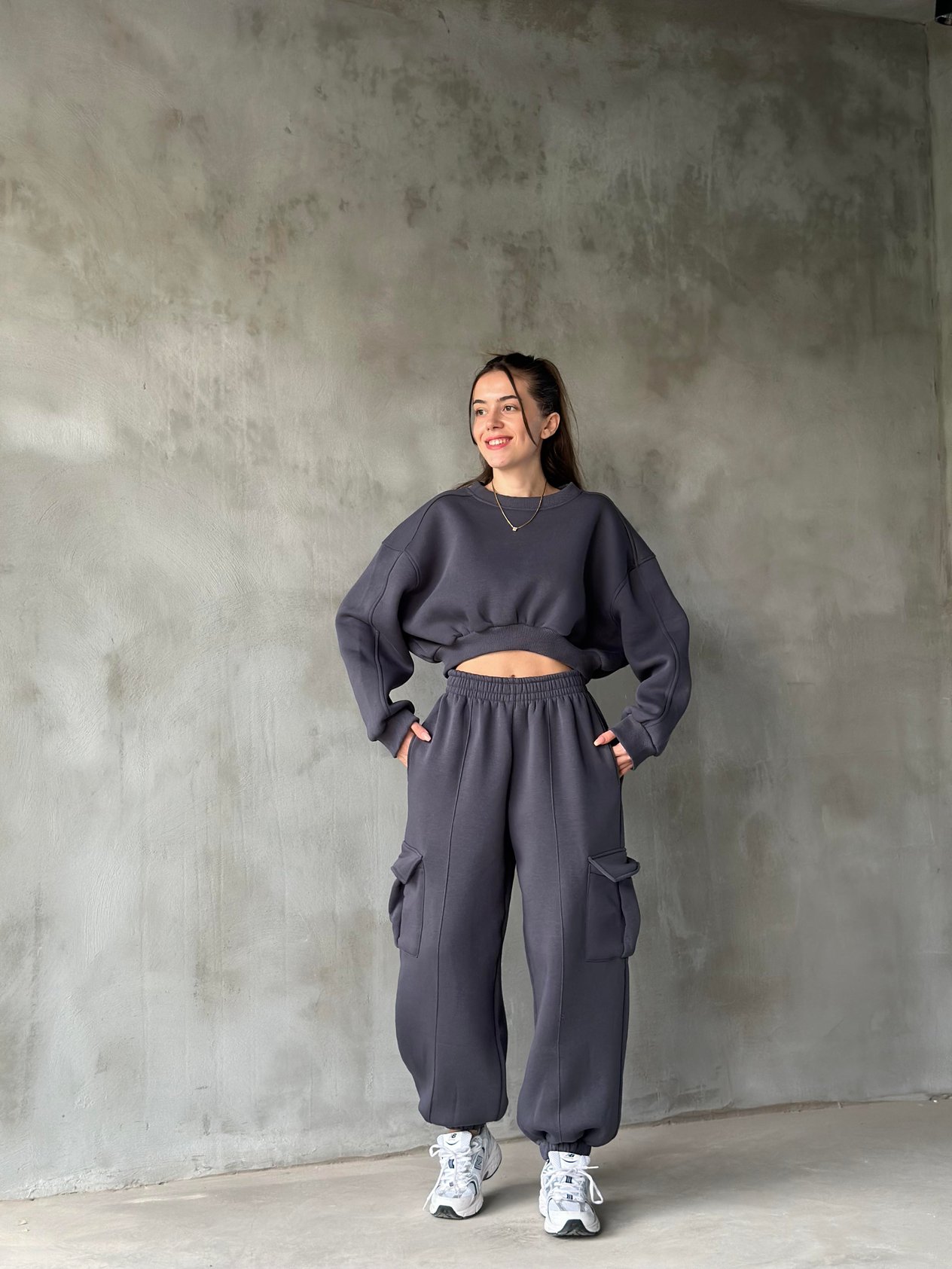 Kargo Cepli Crop Eşofman Takımı - Antrasit - Dominatrend