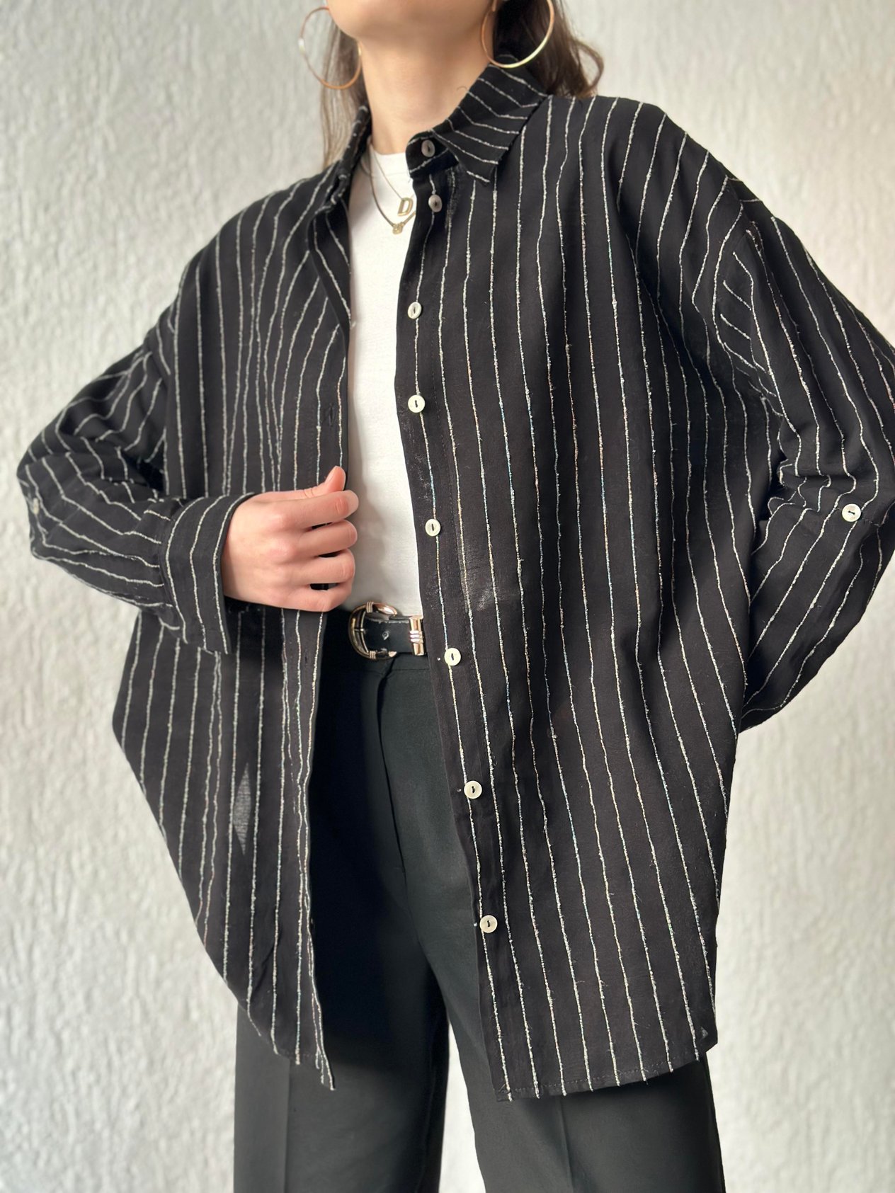 Keten Dik Çizgili Oversize Gömlek - Siyah - Dominatrend