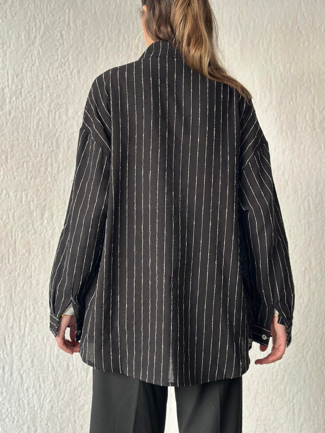 Keten Dik Çizgili Oversize Gömlek - Siyah - Dominatrend