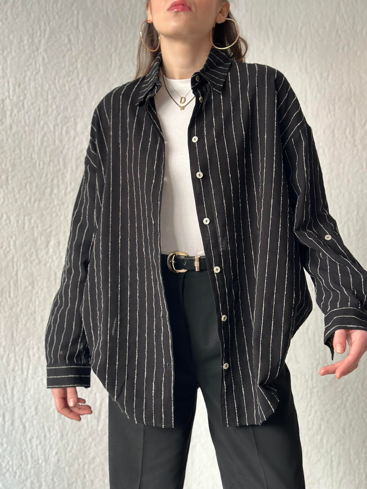 Keten Dik Çizgili Oversize Gömlek - Siyah - Dominatrend