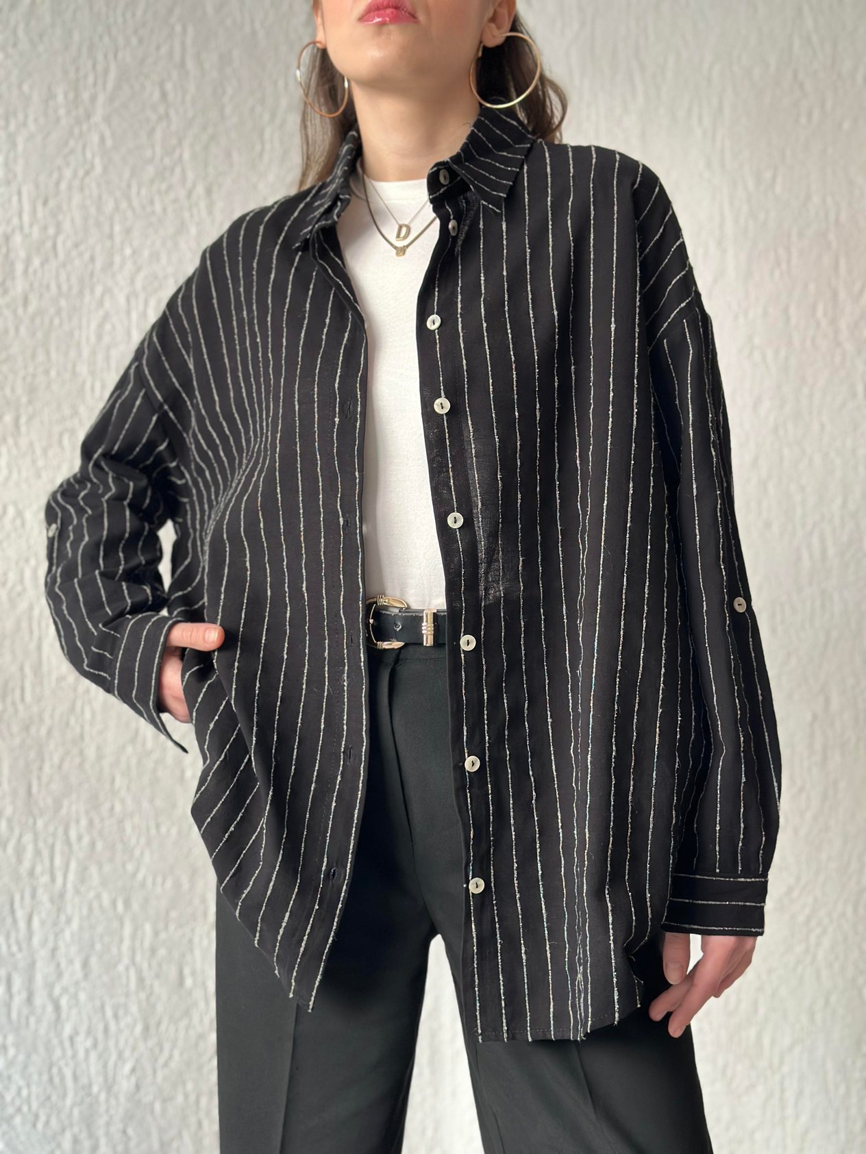 Keten Dik Çizgili Oversize Gömlek - Siyah - Dominatrend