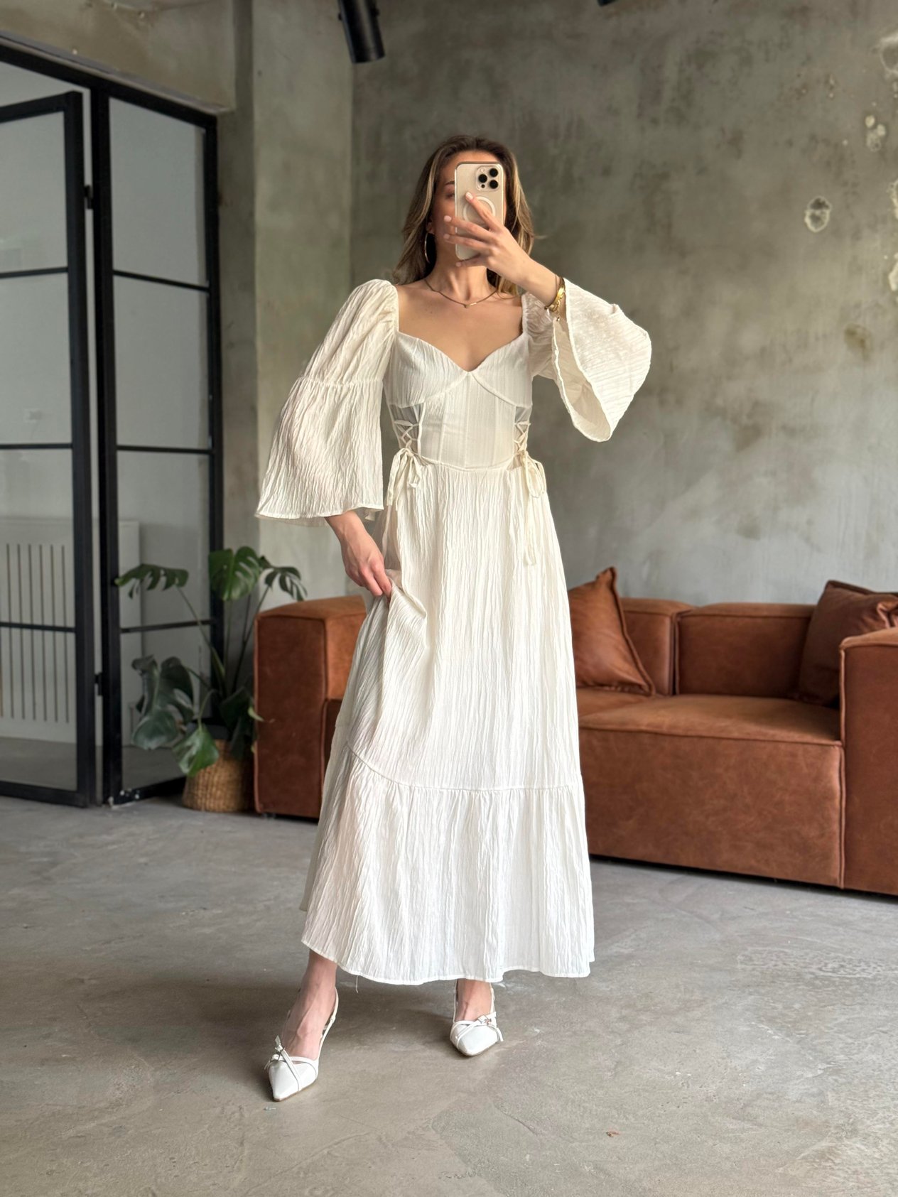Korseli Maxi Elbise - Beyaz - Dominatrend