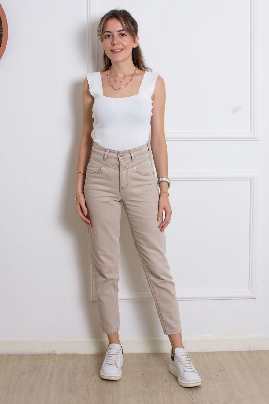 Mom Jean Pantolon - Krem - Dominatrend