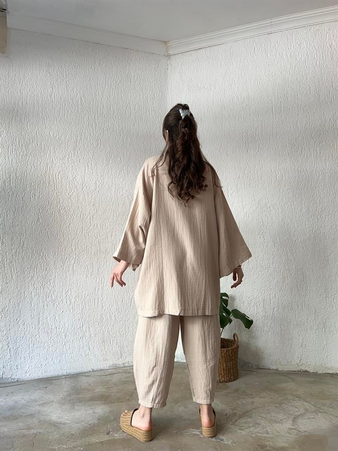 Müslin Kumaş Kimono - Pantolon İkili Takım Bej - Dominatrend