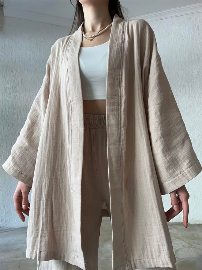 Müslin Kumaş Kimono - Pantolon İkili Takım Bej - Dominatrend