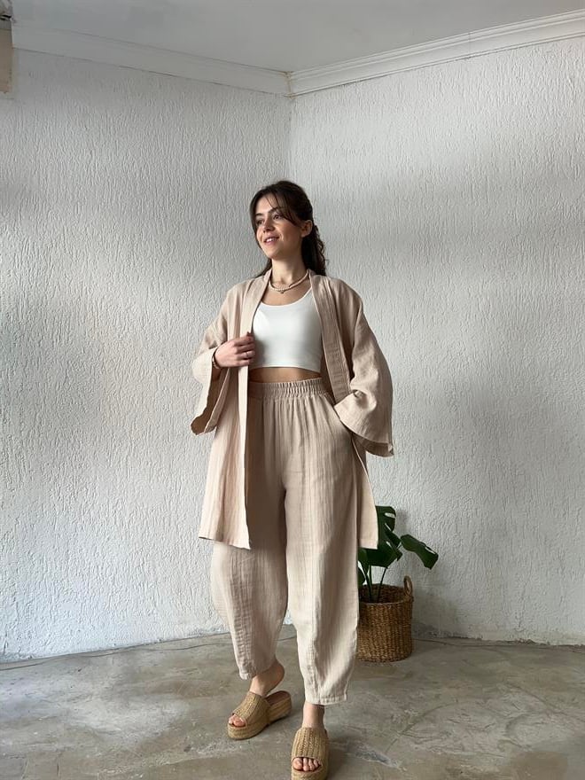 Müslin Kumaş Kimono - Pantolon İkili Takım Bej - Dominatrend