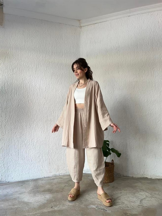 Müslin Kumaş Kimono - Pantolon İkili Takım Bej - Dominatrend