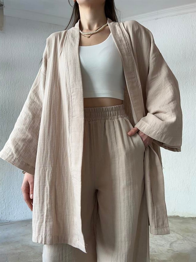 Müslin Kumaş Kimono - Pantolon İkili Takım Bej - Dominatrend