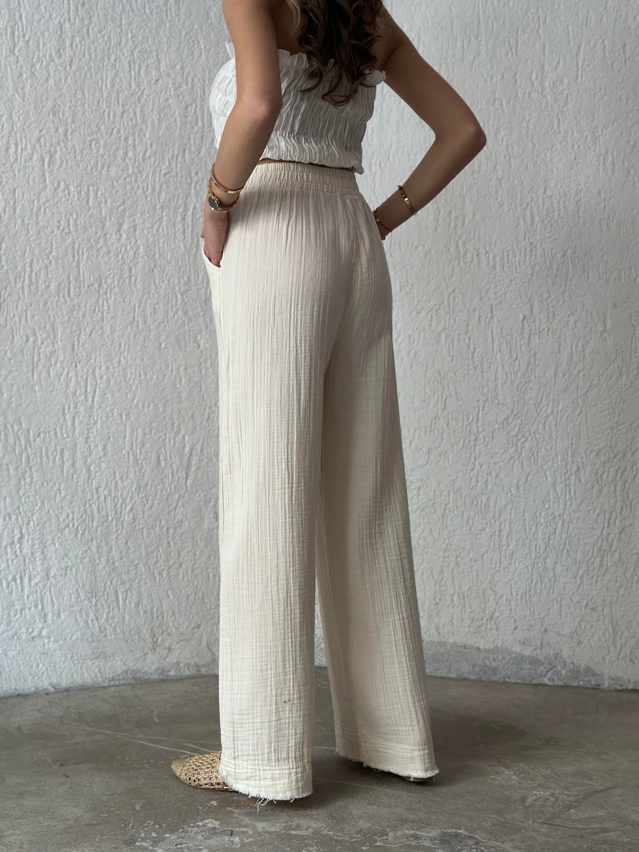 Müslin Salaş Pantolon - Ekru - Dominatrend