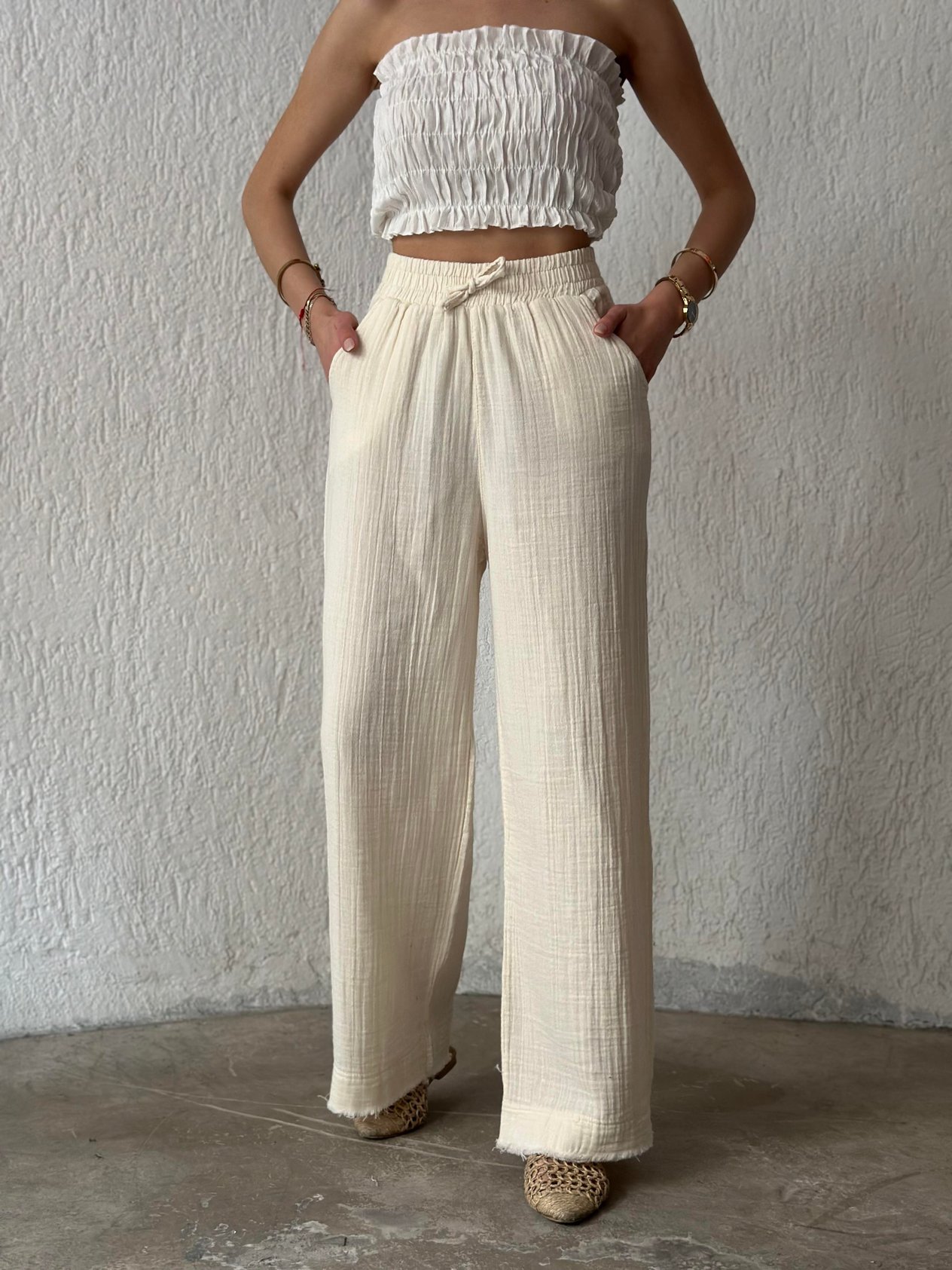 Müslin Salaş Pantolon - Ekru - Dominatrend