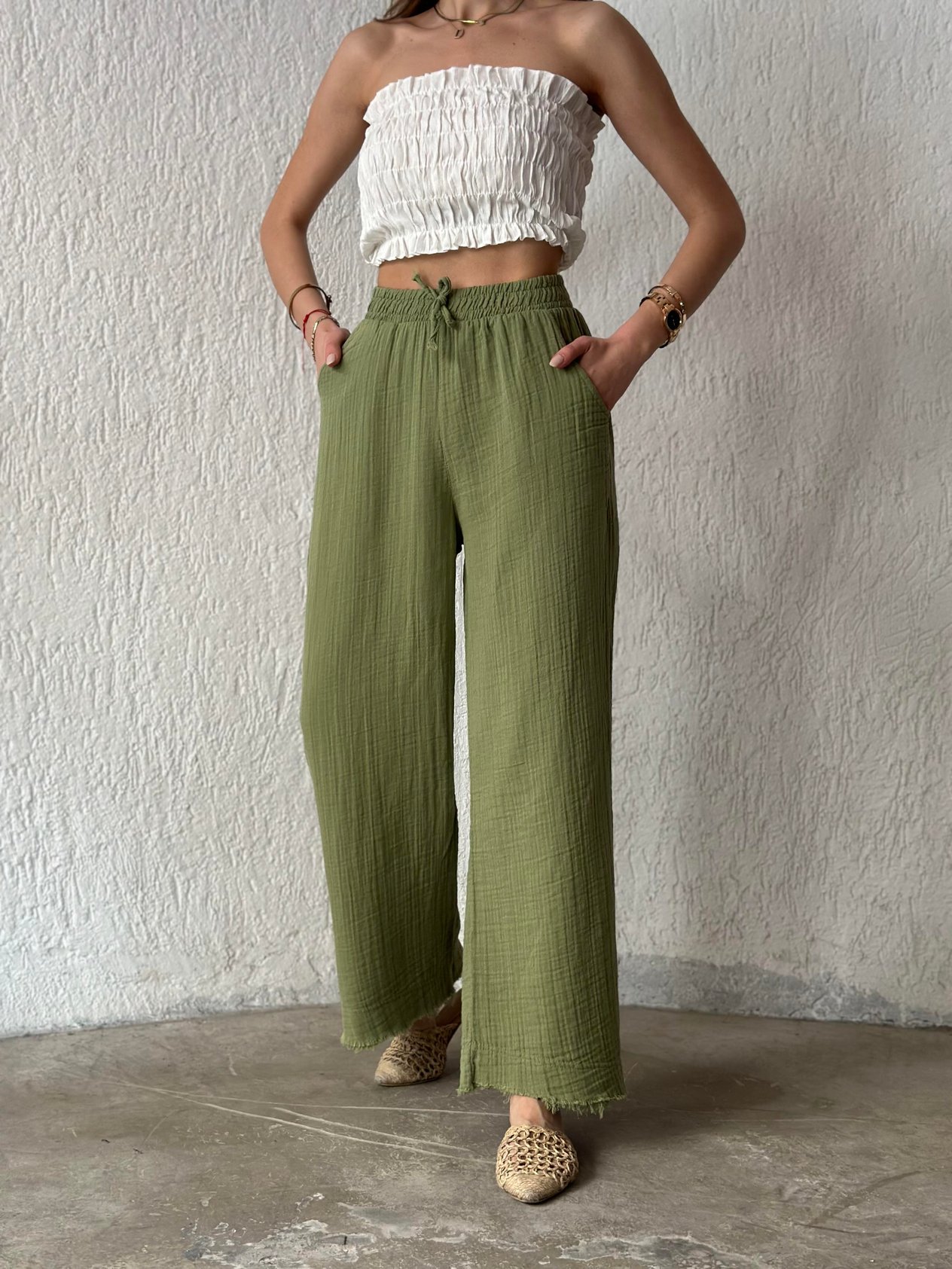 Müslin Salaş Pantolon - Yeşil - Dominatrend