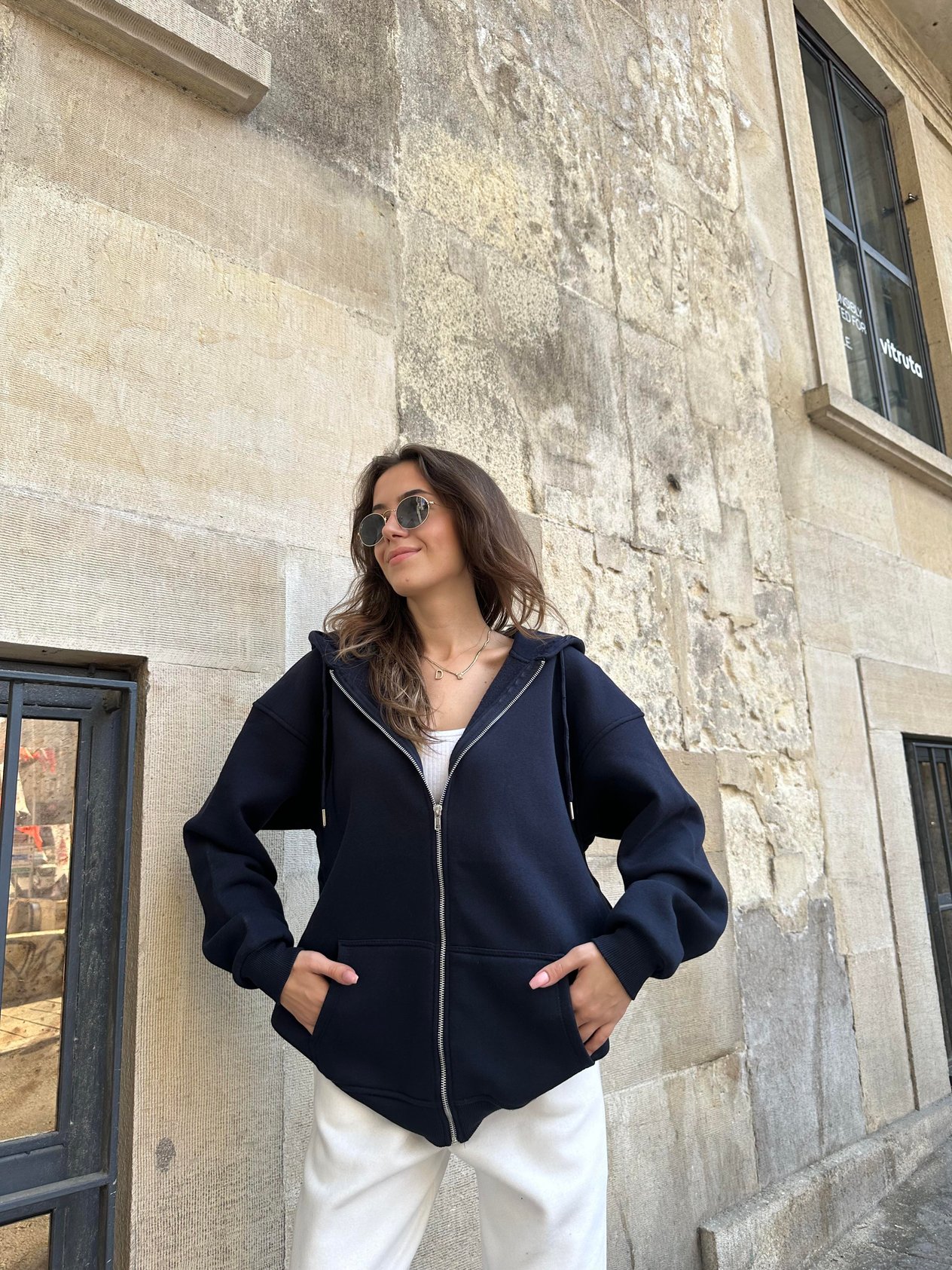 Oversize Kapüşonlu Hırka - Lacivert - Dominatrend
