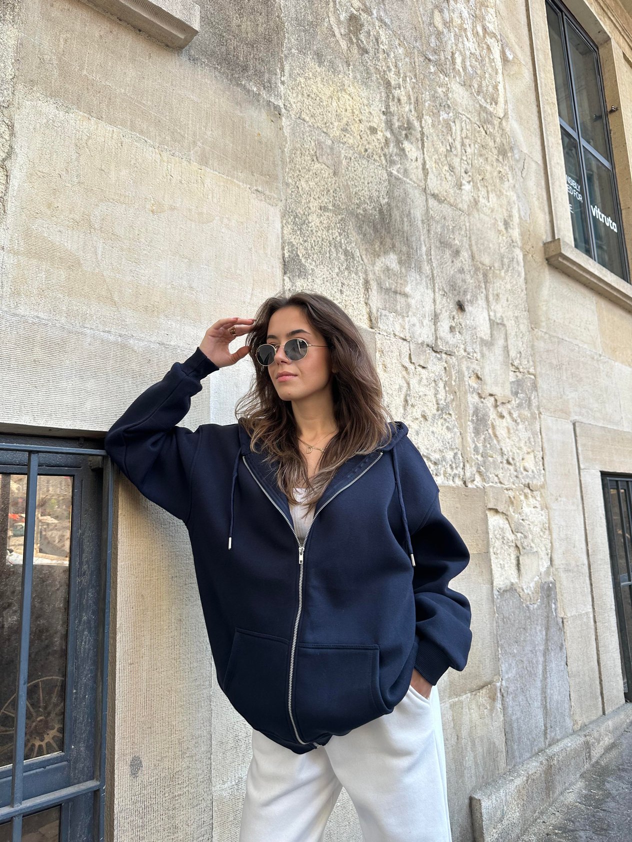 Oversize Kapüşonlu Hırka - Lacivert - Dominatrend