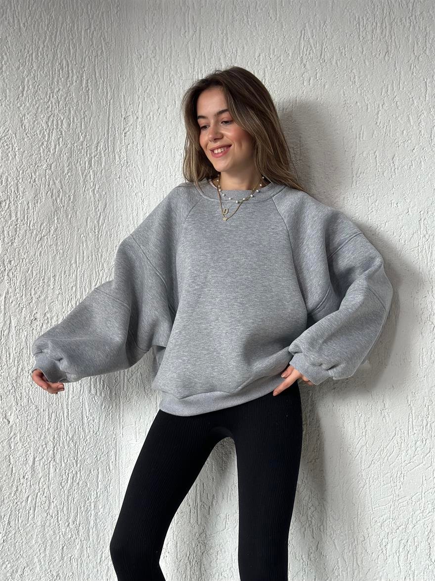 Oversize Unisex Yarasa Kol Sweatshirt - Gri - Dominatrend