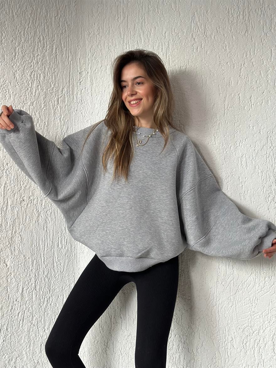 Oversize Unisex Yarasa Kol Sweatshirt - Gri - Dominatrend