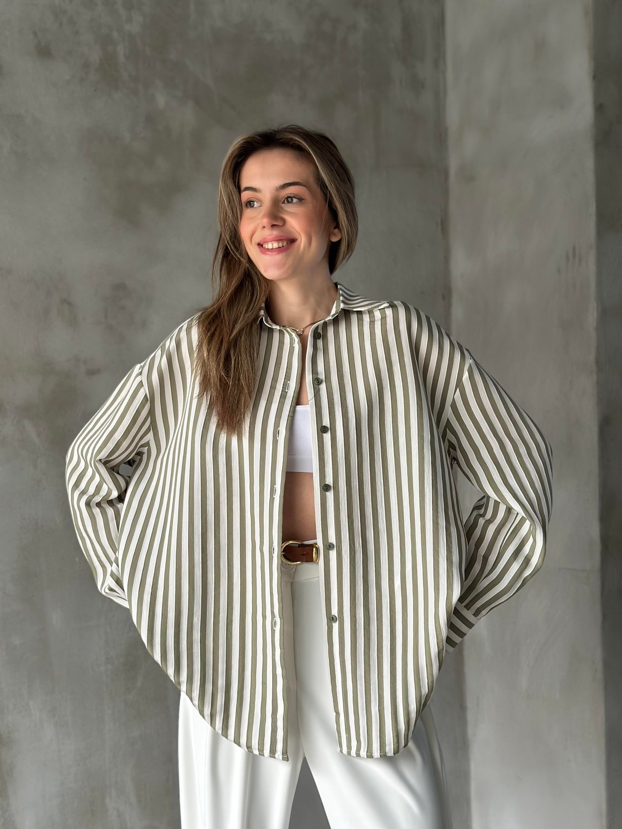 Oversize Yeşil Çizgili Gömlek - Dominatrend