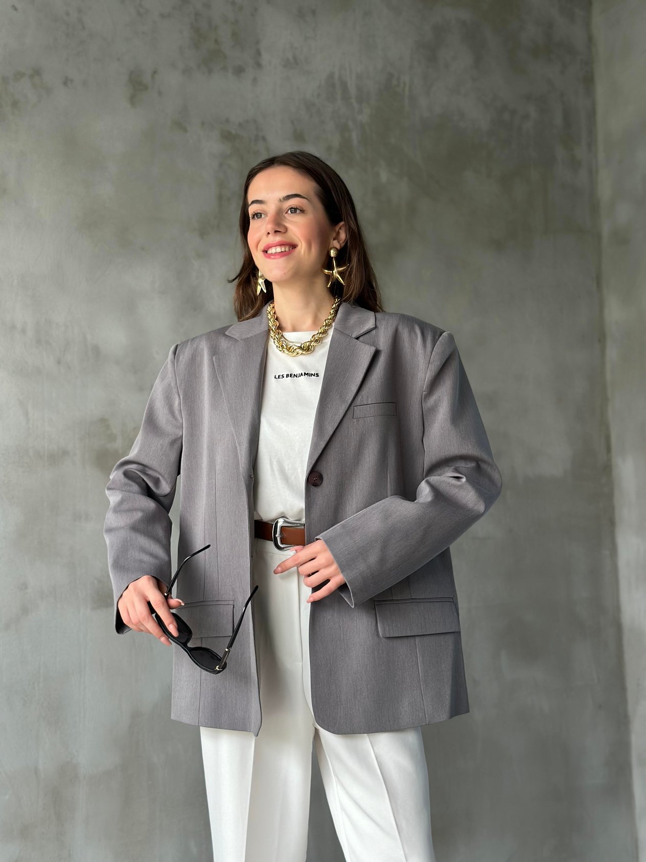 Perry Gri Oversize Blazer Ceket - Dominatrend