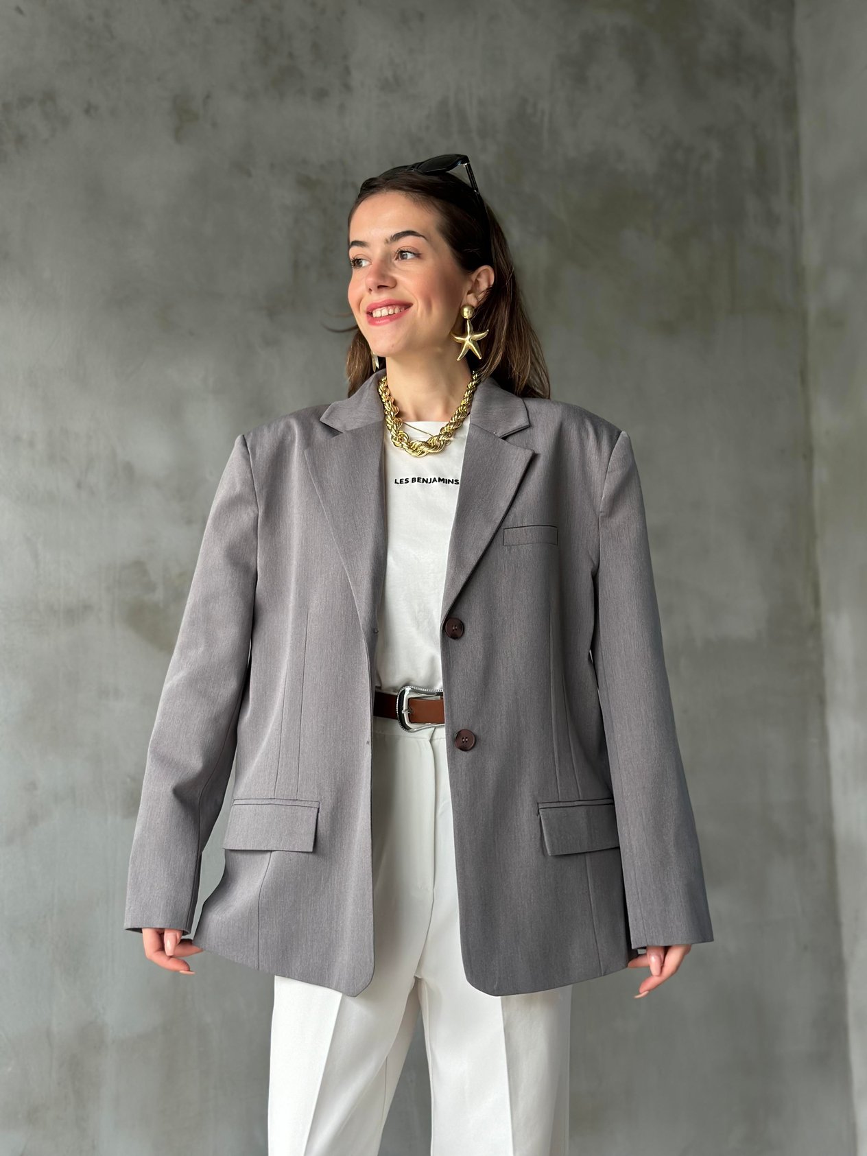 Perry Gri Oversize Blazer Ceket - Dominatrend