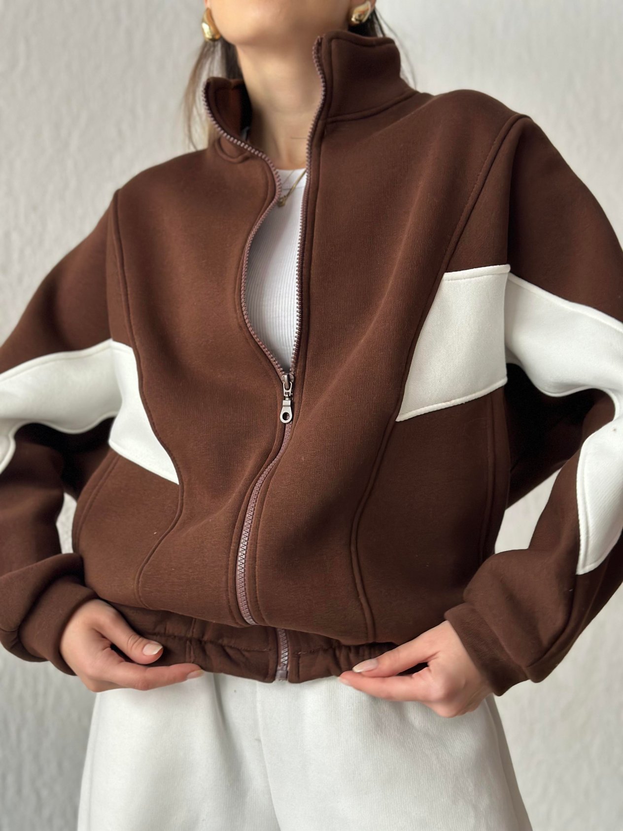 Şeritli Oversize Hırka - Kahverengi - Dominatrend