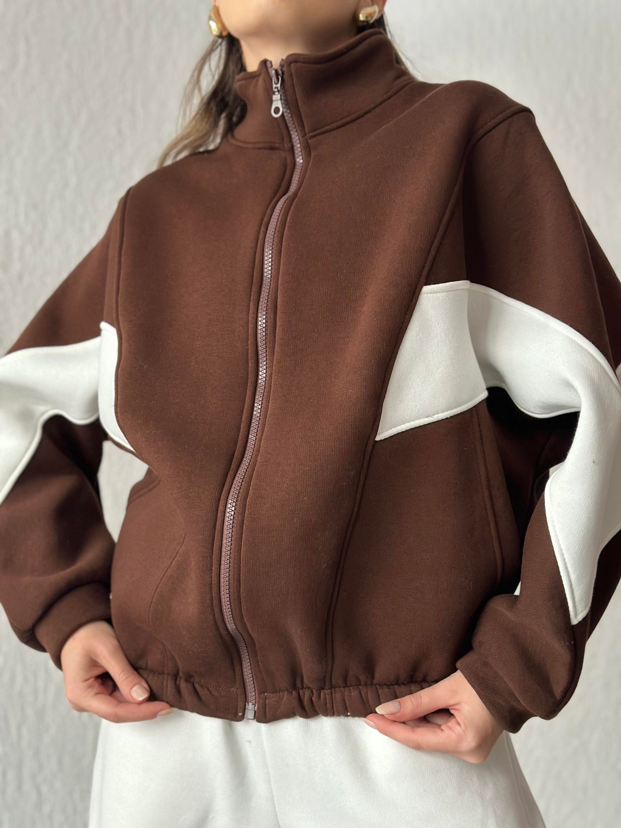 Şeritli Oversize Hırka - Kahverengi - Dominatrend