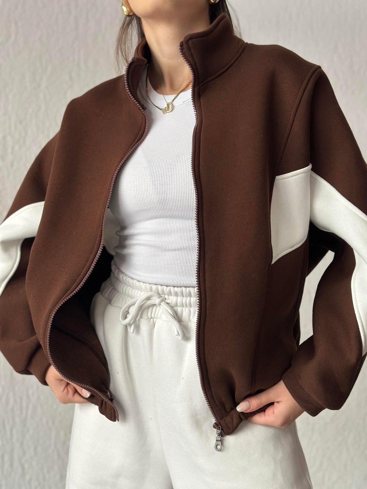 Şeritli Oversize Hırka - Kahverengi - Dominatrend