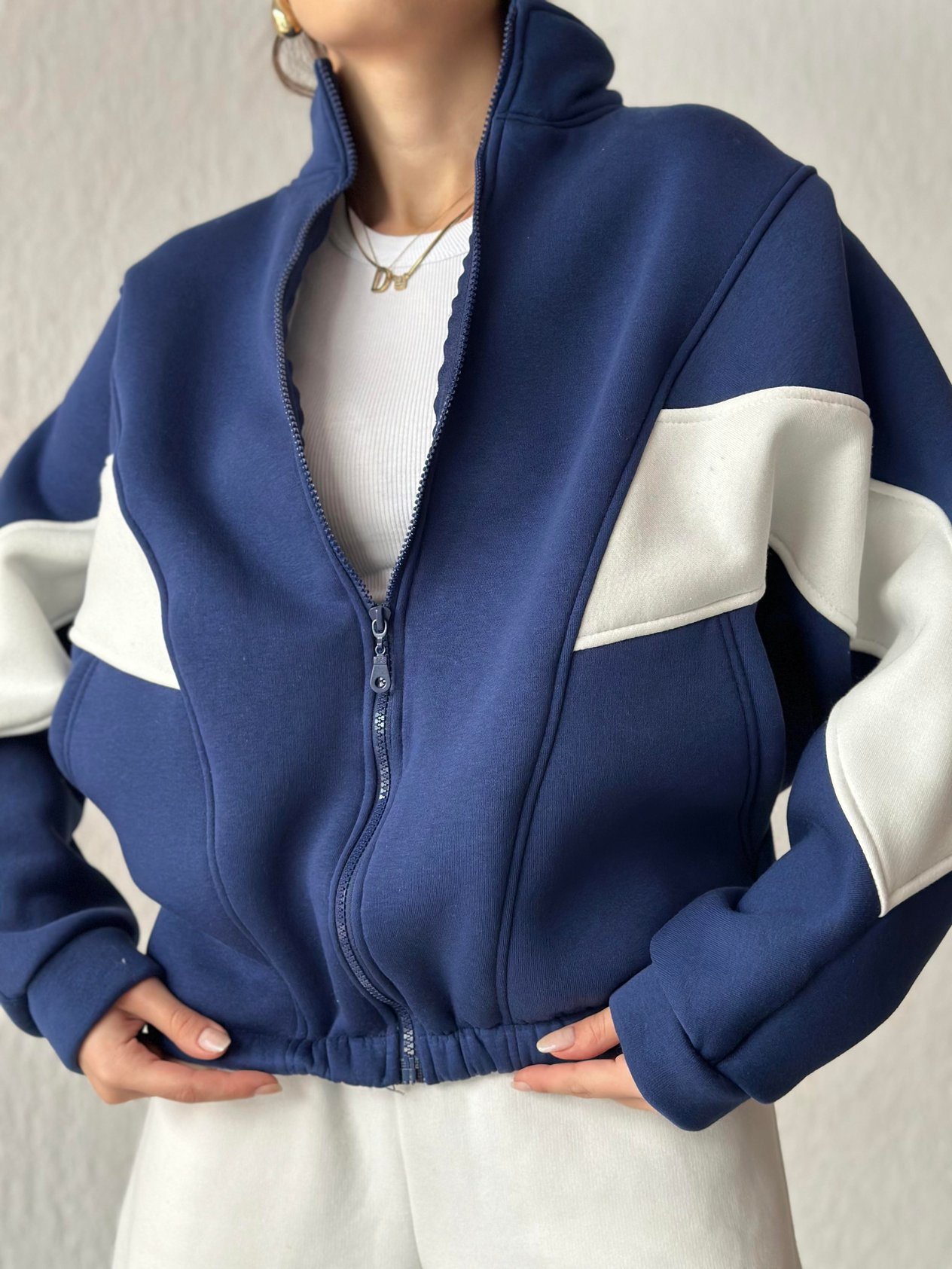 Şeritli Oversize Hırka - Lacivert - Dominatrend