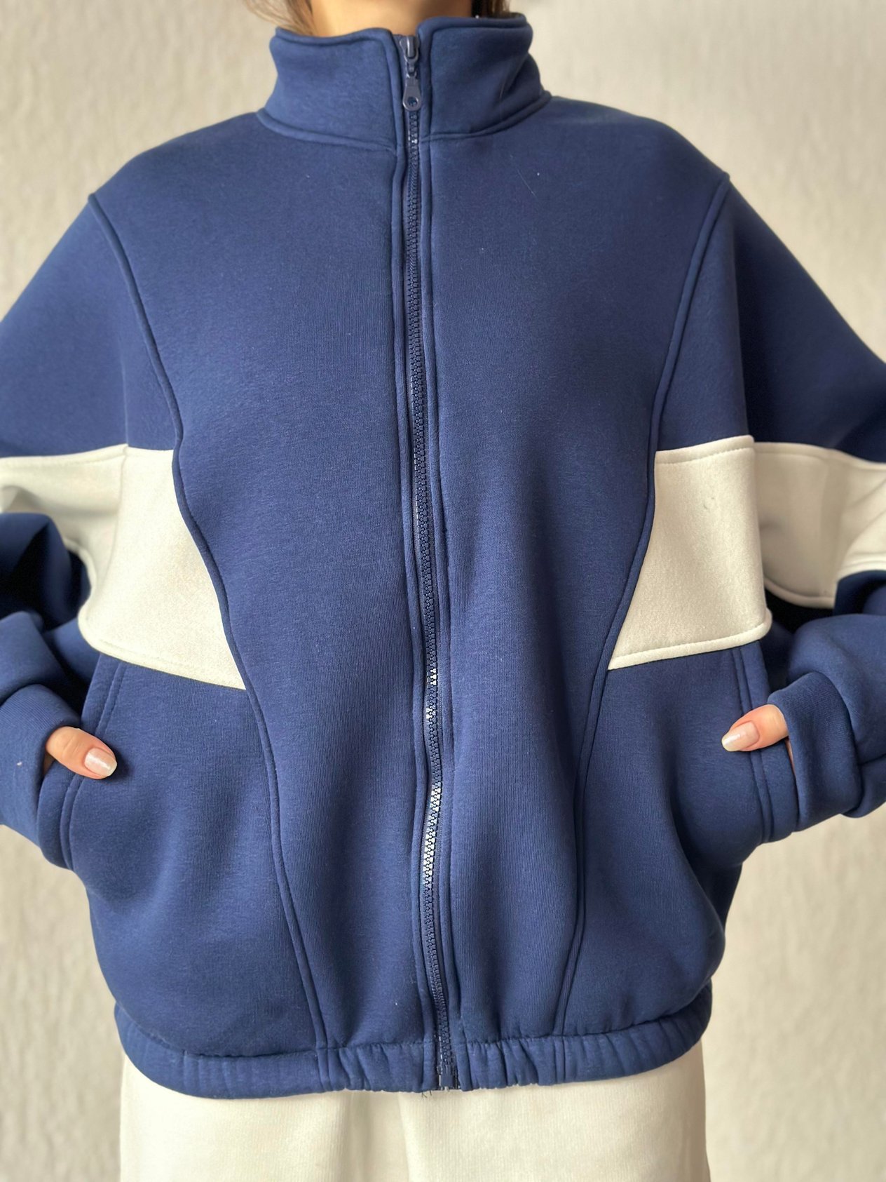 Şeritli Oversize Hırka - Lacivert - Dominatrend