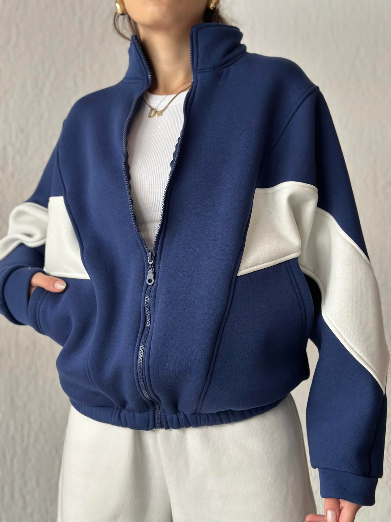 Şeritli Oversize Hırka - Lacivert - Dominatrend
