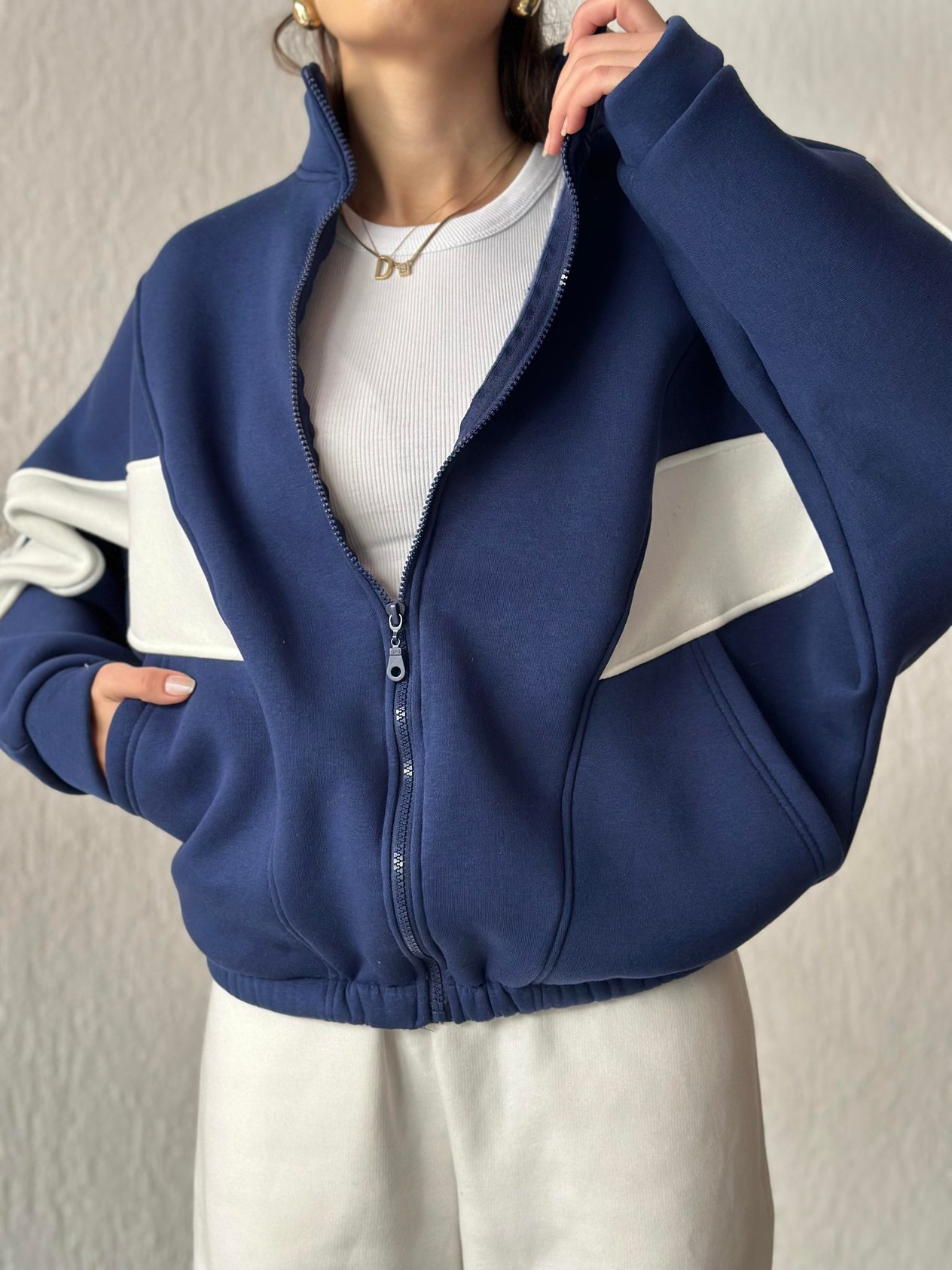 Şeritli Oversize Hırka - Lacivert - Dominatrend