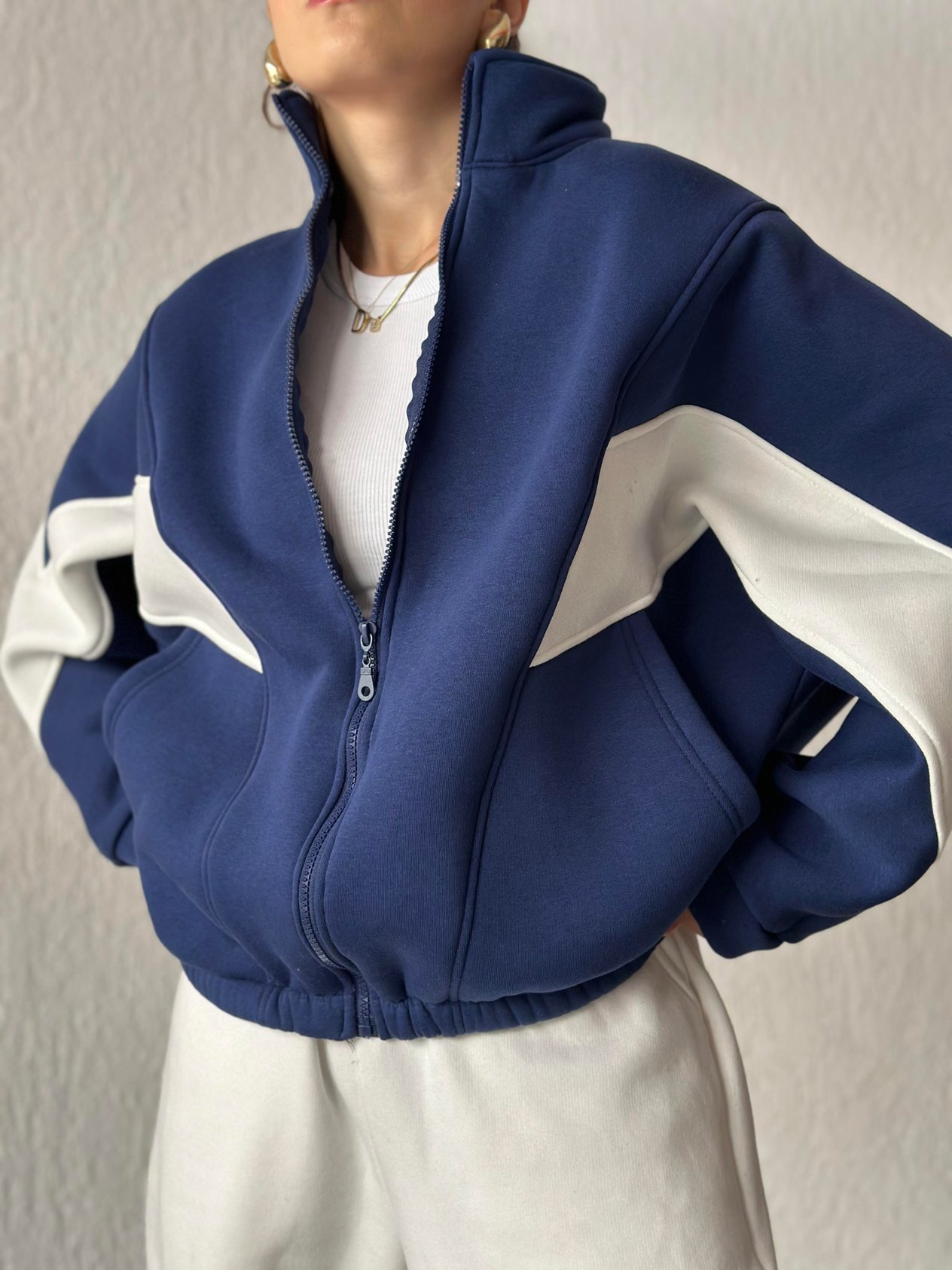 Şeritli Oversize Hırka - Lacivert - Dominatrend