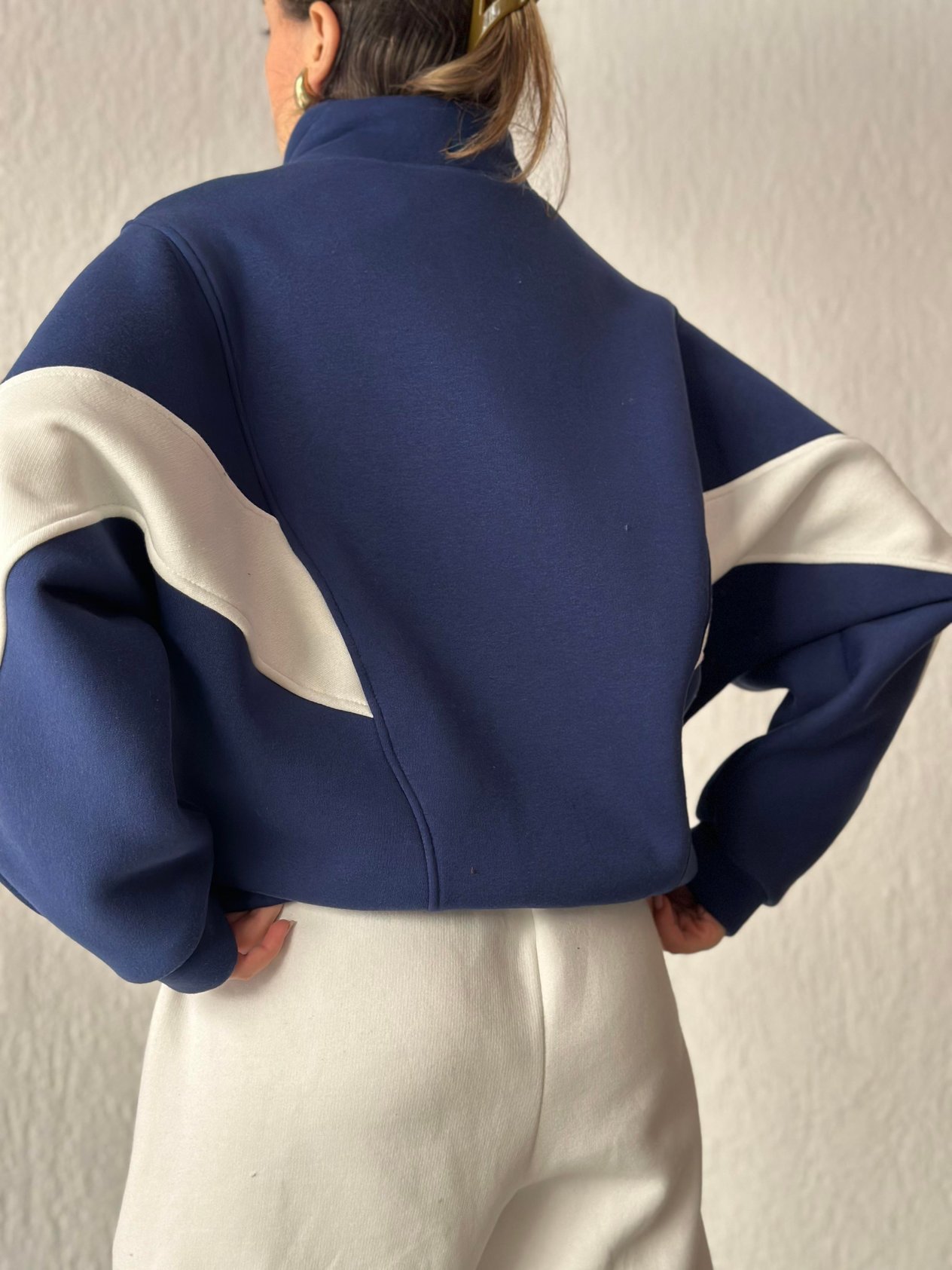 Şeritli Oversize Hırka - Lacivert - Dominatrend