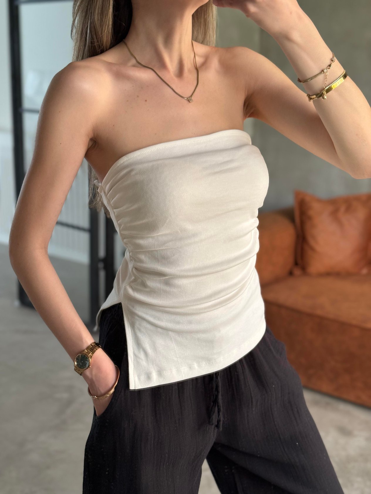 Straplez Bluz - Beyaz - Dominatrend