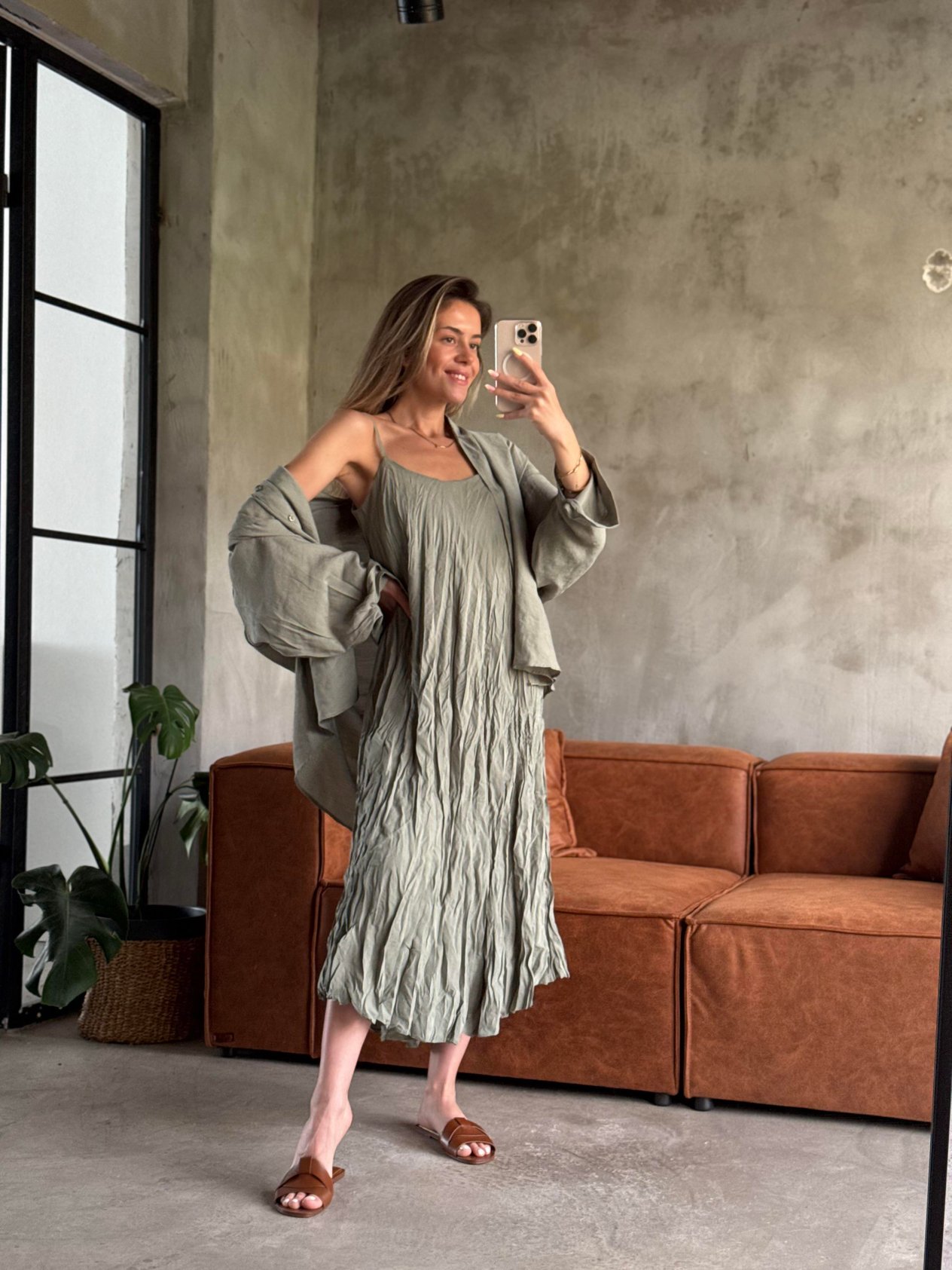 Yeşil Premium Kırışık Elbise Oversize Gömlek Takım - Dominatrend