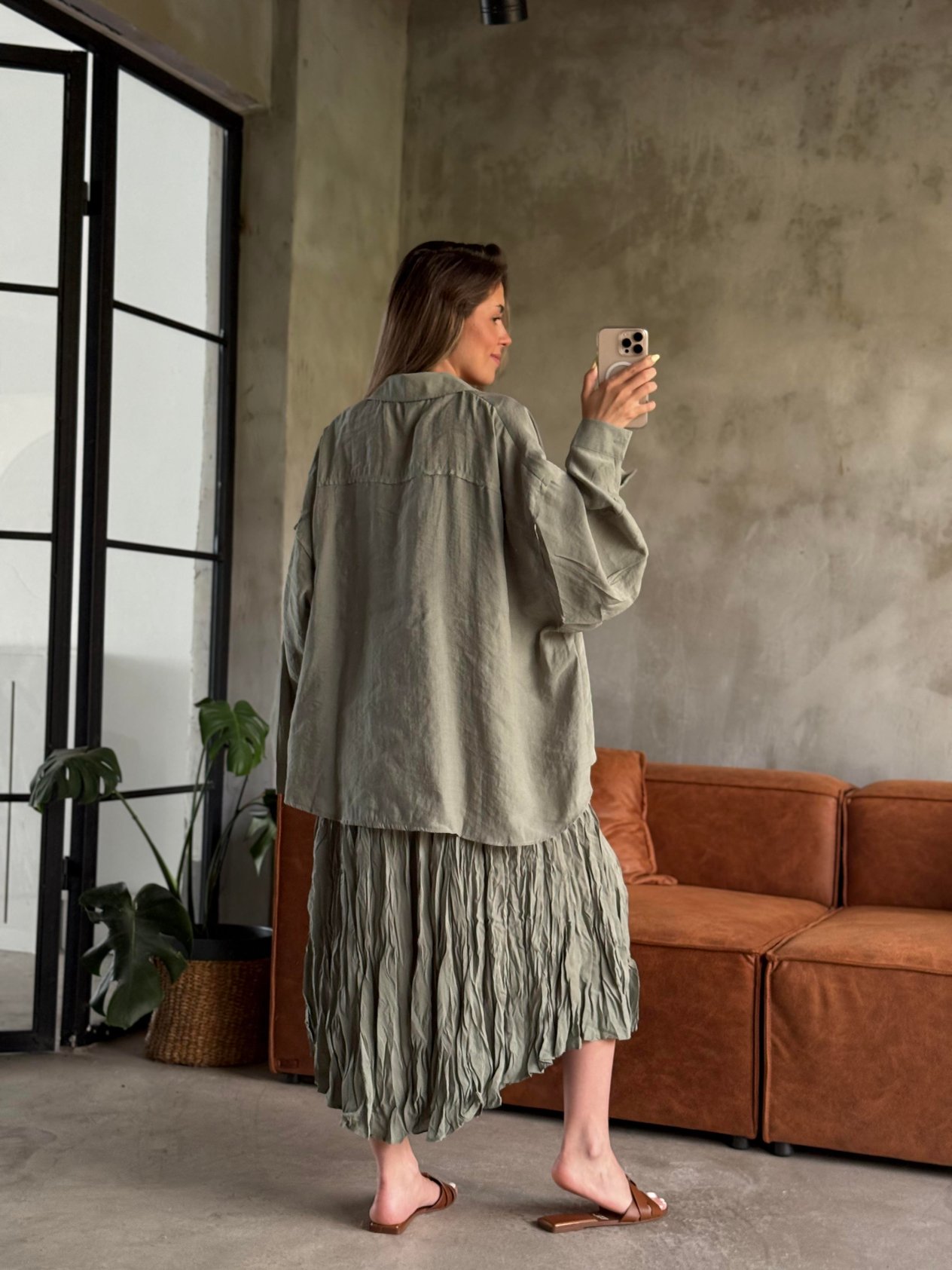 Yeşil Premium Kırışık Elbise Oversize Gömlek Takım - Dominatrend
