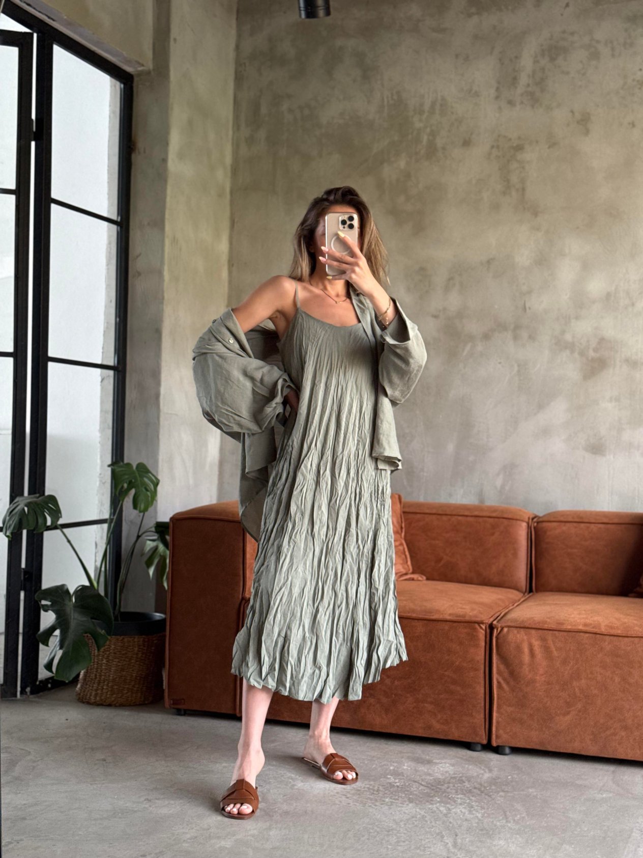 Yeşil Premium Kırışık Elbise Oversize Gömlek Takım - Dominatrend