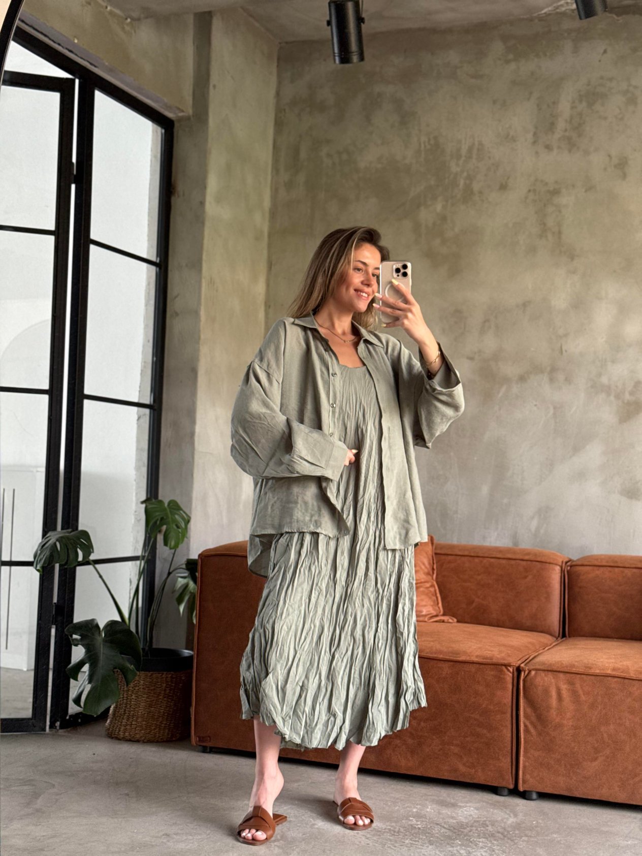 Yeşil Premium Kırışık Elbise Oversize Gömlek Takım - Dominatrend