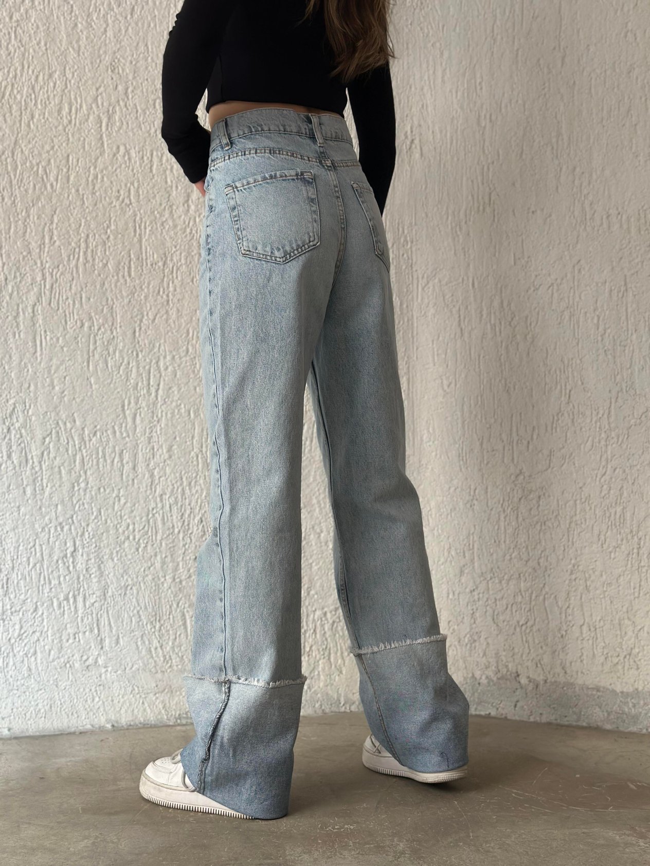 Yüksek Bel Katlı Paça Mavi Kar Yıkama Jean - Dominatrend