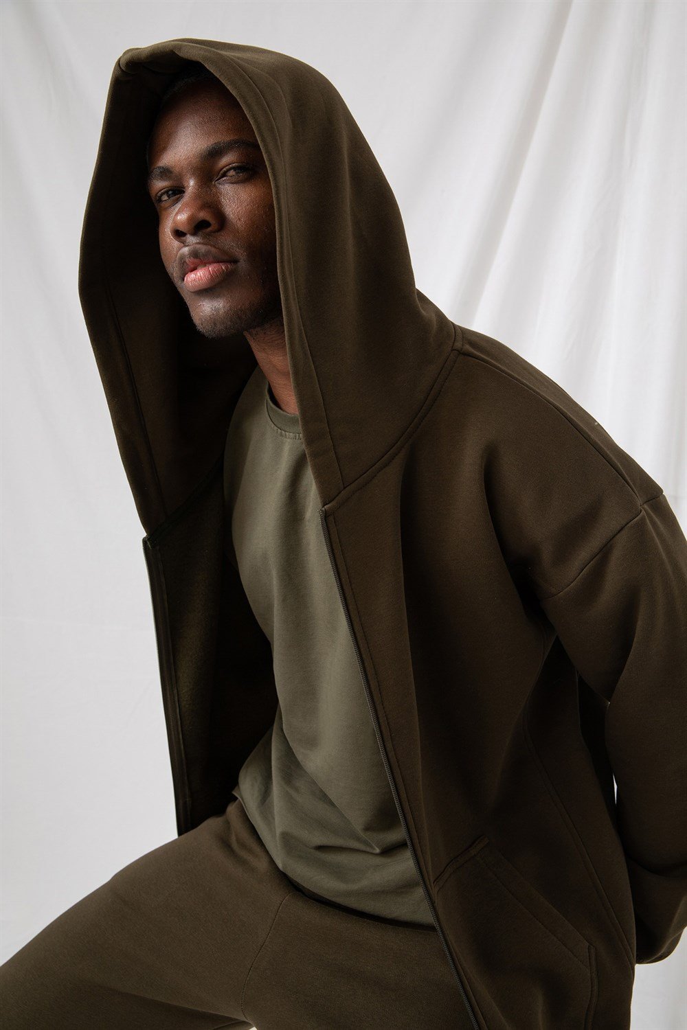 Erkek Oversize Fermuarlı Kapüşonlu Haki Sweatshirt