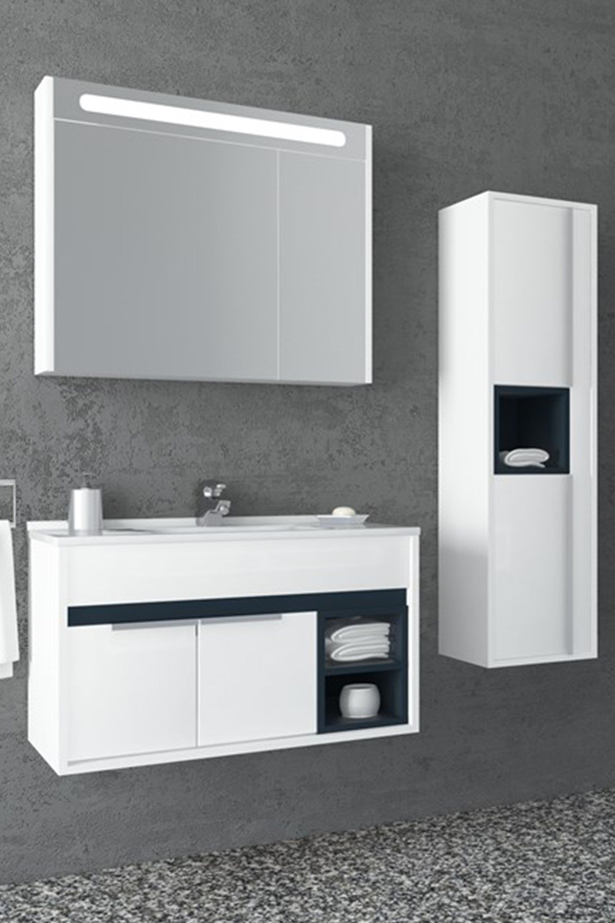 NAPOLİ 85 CM  BEYAZ LAVABOLU BANYO DOLABI - BEYAZ/ANTRASİT (BOY DOLAP DAHİL )