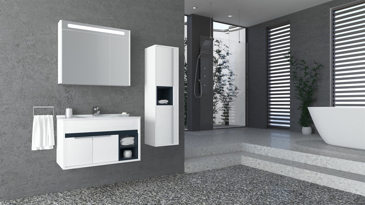 NAPOLİ 85 CM  BEYAZ LAVABOLU BANYO DOLABI - BEYAZ/ANTRASİT (BOY DOLAP DAHİL )