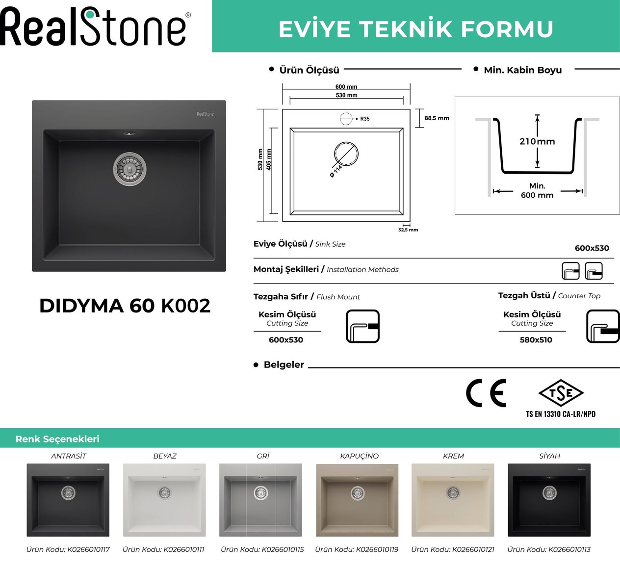 RealStone | Didyma 60 Tek Gözlü Granit Eviye (K-002)