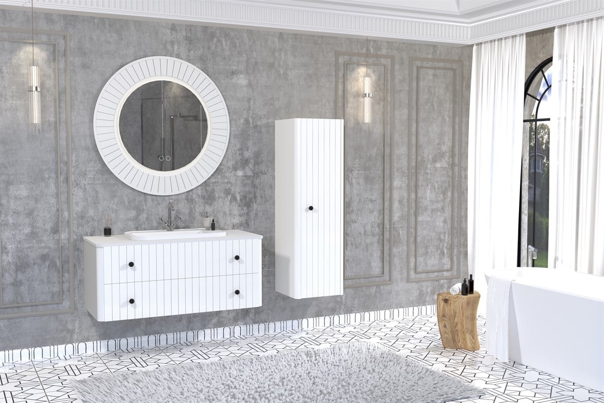 SOLARİS 120 CM BEYAZ LAVABOLU BANYO DOLABI - BEYAZ AYAKSIZ (BOY DOLAP DAHİL)